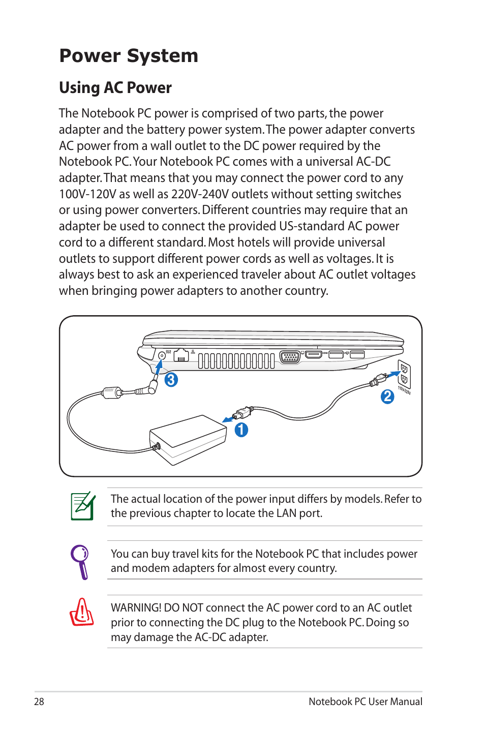 Power system, Using ac power | Asus R400N User Manual | Page 28 / 116