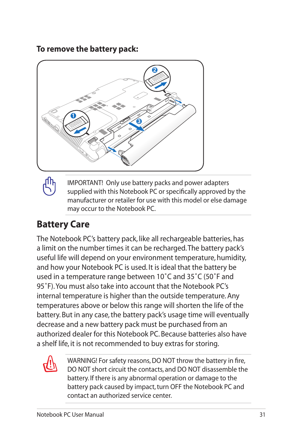 Battery care | Asus R400N User Manual | Page 31 / 116