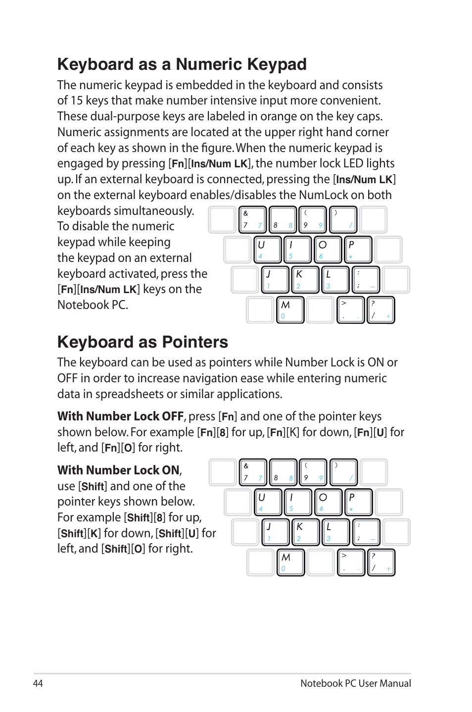 Keyboard as a numeric keypad, Keyboard as pointers | Asus R400N User Manual | Page 44 / 116