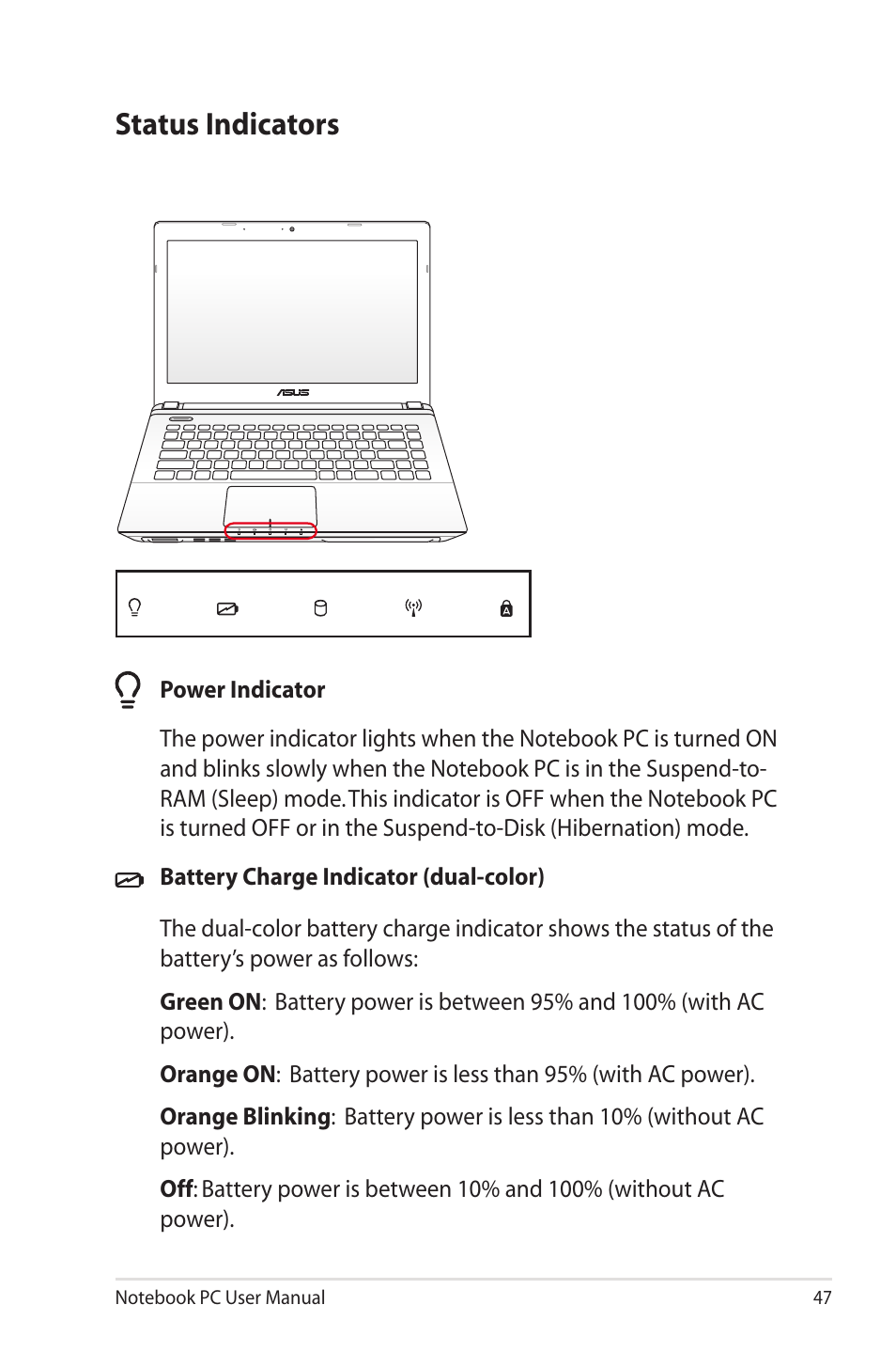 Status indicators | Asus R400N User Manual | Page 47 / 116