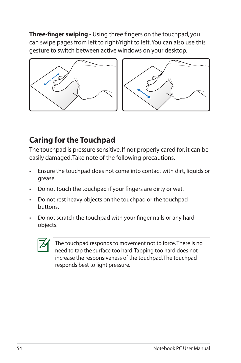 Caring for the touchpad | Asus R400N User Manual | Page 54 / 116