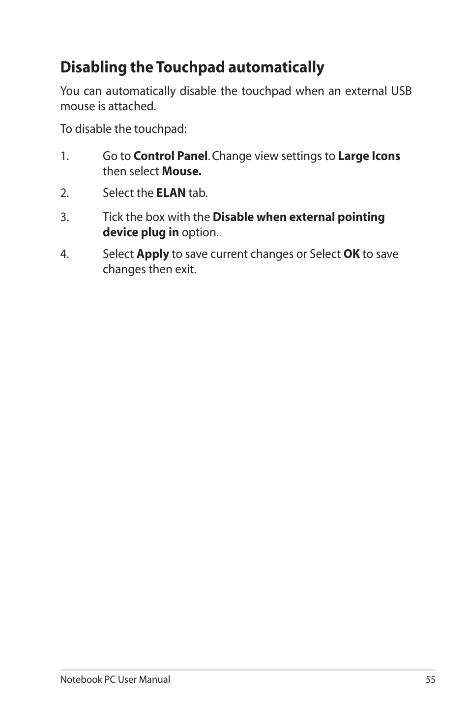 Disabling the touchpad automatically | Asus R400N User Manual | Page 55 / 116