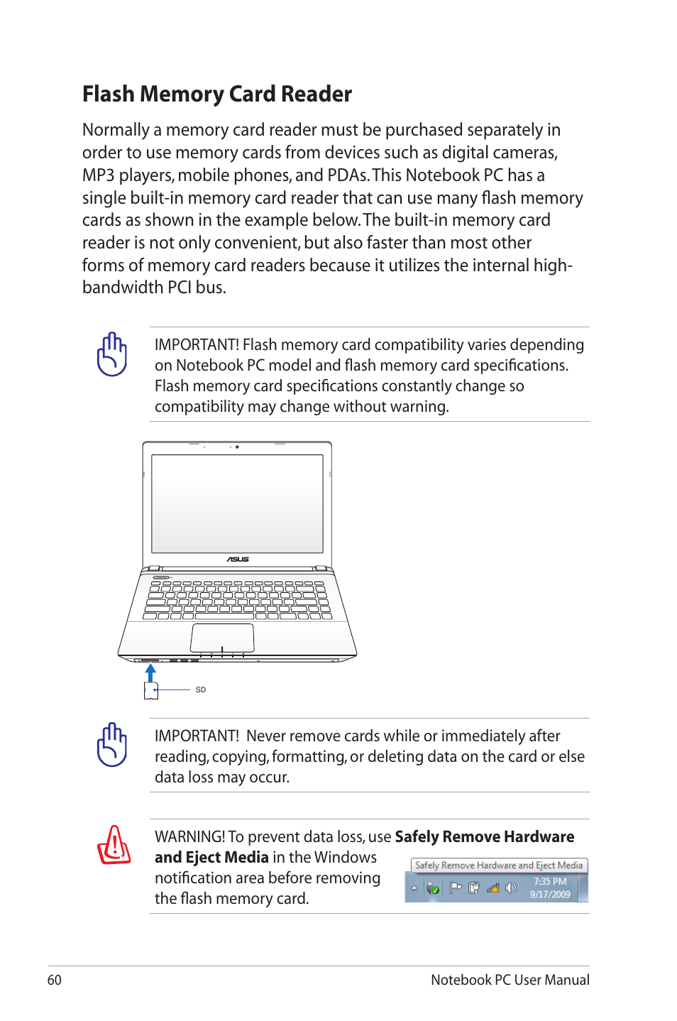 Flash memory card reader | Asus R400N User Manual | Page 60 / 116