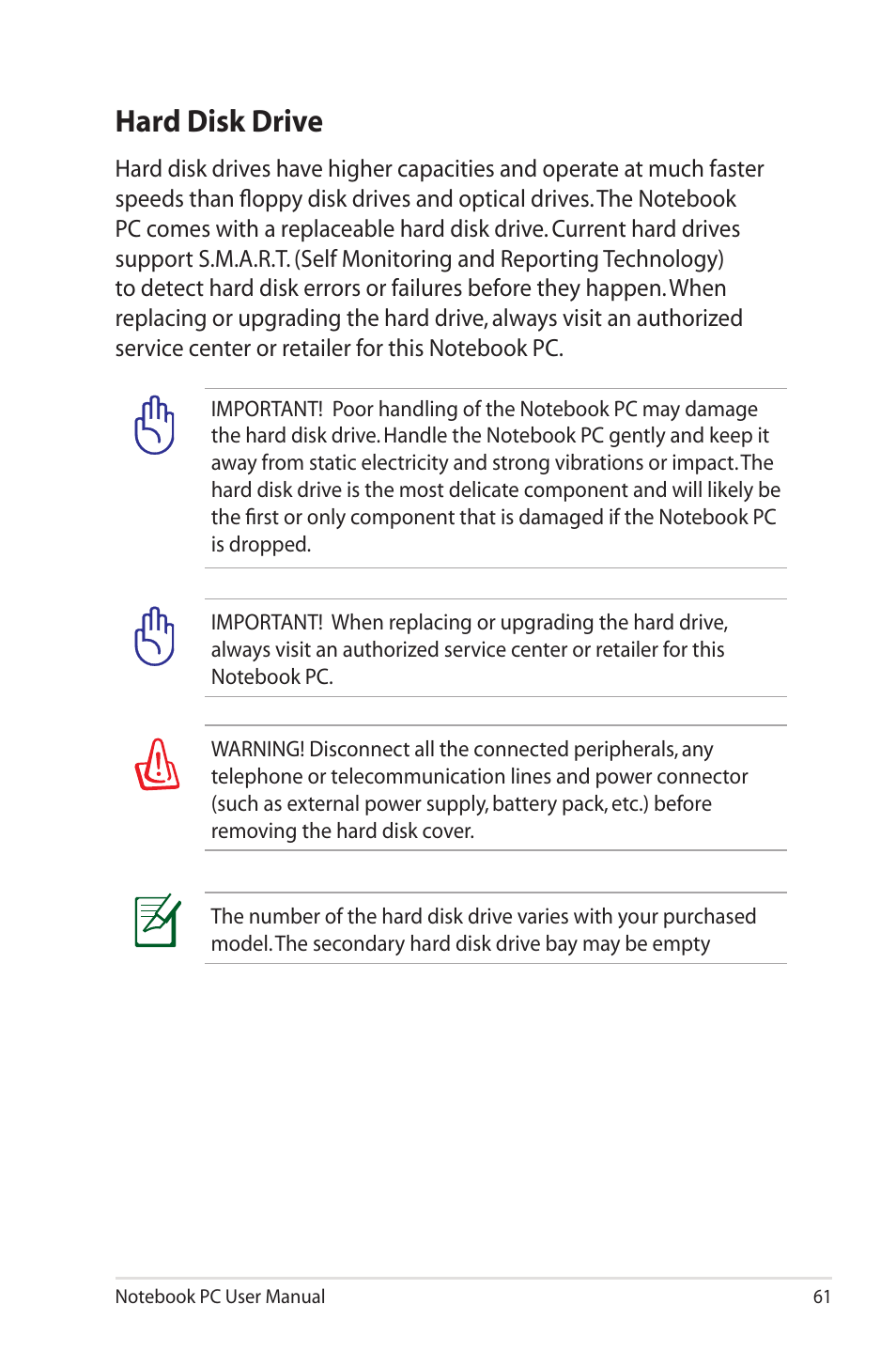 Hard disk drive | Asus R400N User Manual | Page 61 / 116