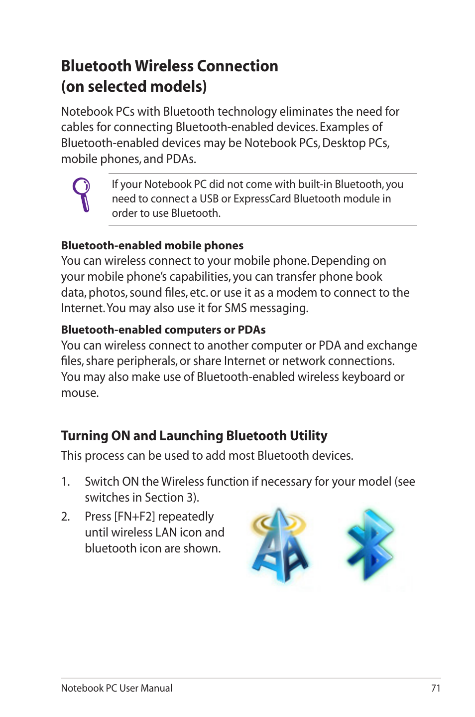 Bluetooth wireless connection(on selected models), Bluetooth wireless connection (on selected models) | Asus R400N User Manual | Page 71 / 116