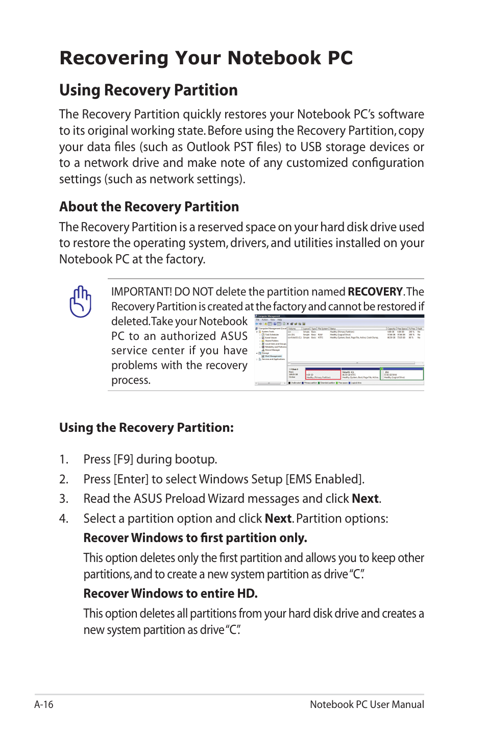 Recovering your notebook pc, Using recovery partition | Asus R400N User Manual | Page 90 / 116