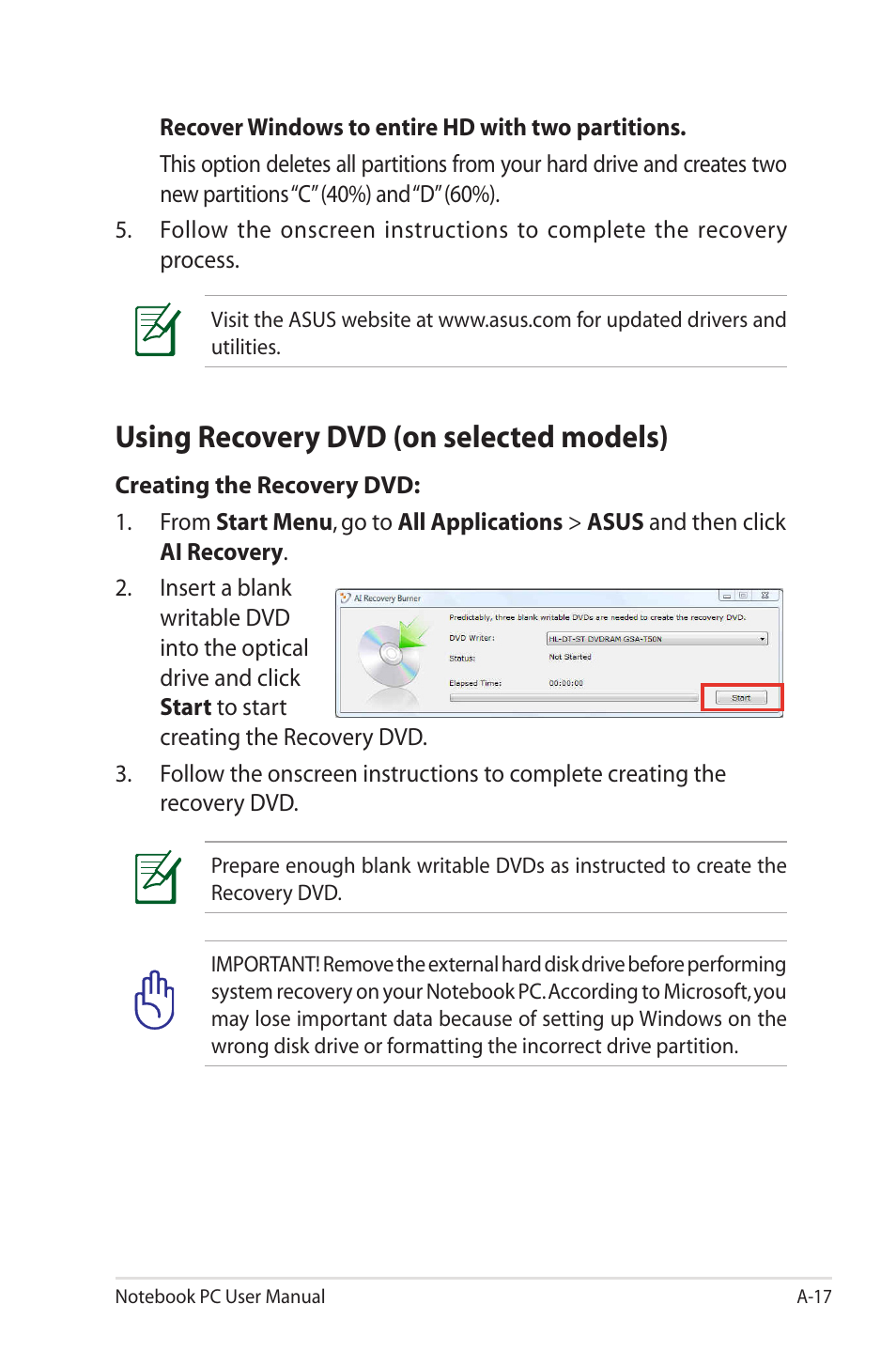Using recovery dvd (on selected models) | Asus R400N User Manual | Page 91 / 116