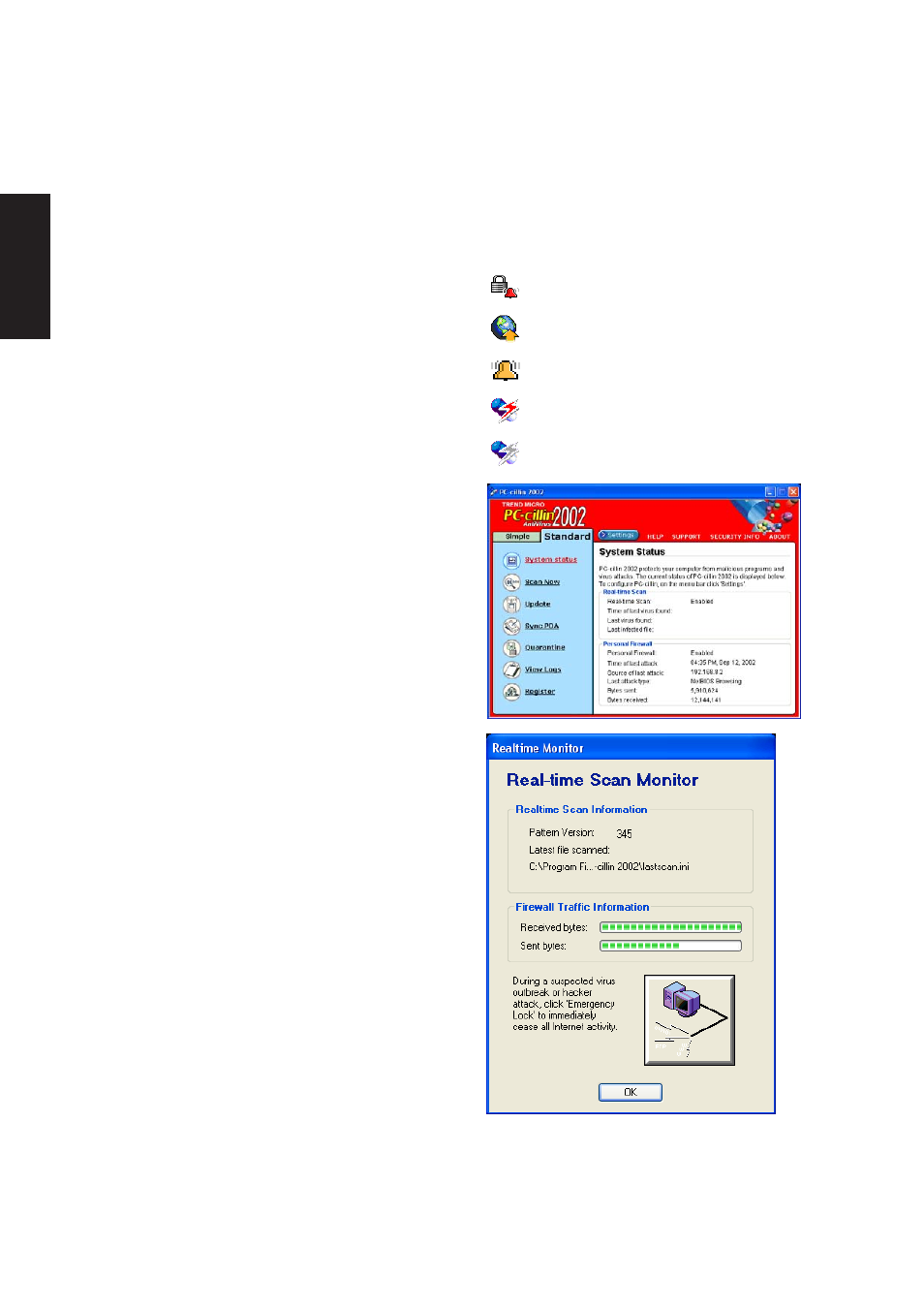 Pc-cillin 2002 feature screens, Configuration screen, Real-time status | Asus M5NP User Manual | Page 55 / 106