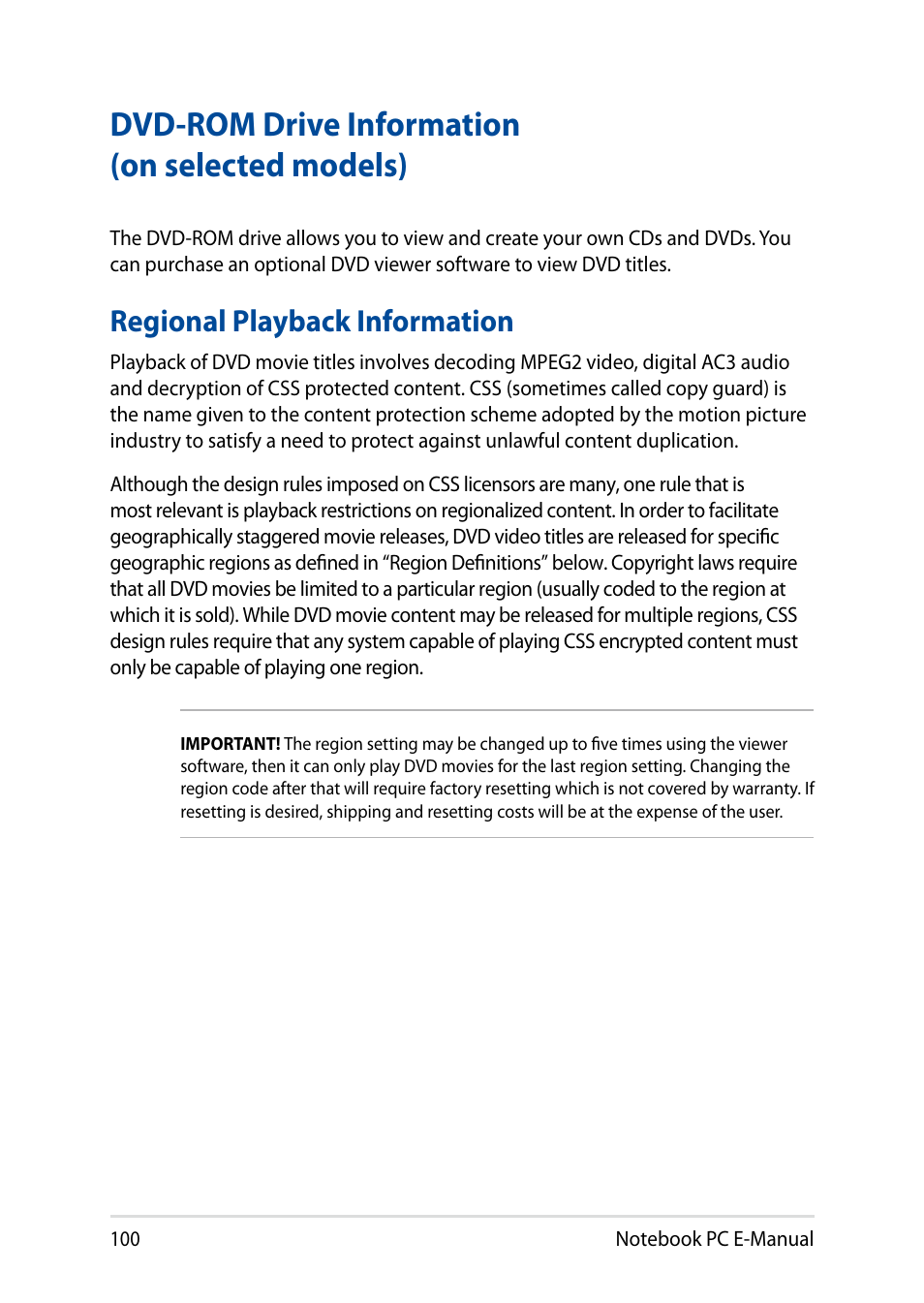 Dvd-rom drive information (on selected models), Regional playback information | Asus X200MA User Manual | Page 100 / 120