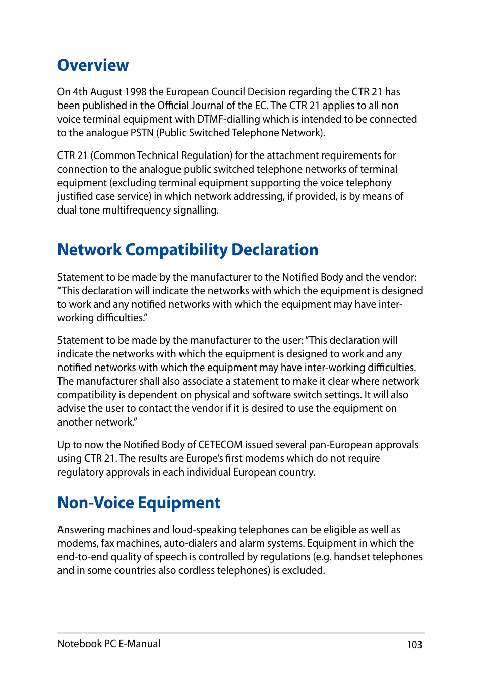 Overview, Network compatibility declaration, Non-voice equipment | Asus X200MA User Manual | Page 103 / 120