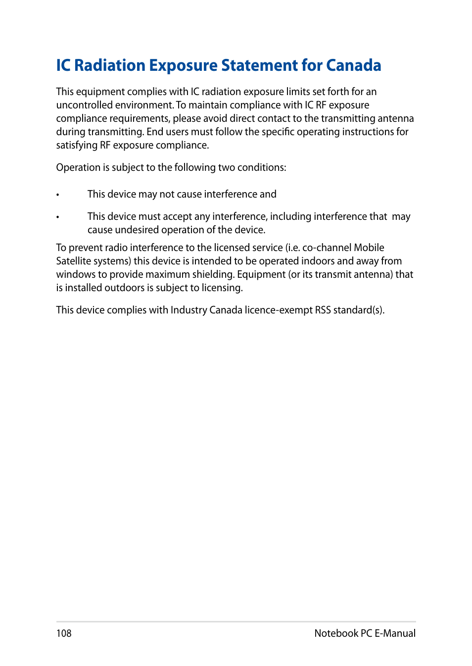 Ic radiation exposure statement for canada | Asus X200MA User Manual | Page 108 / 120