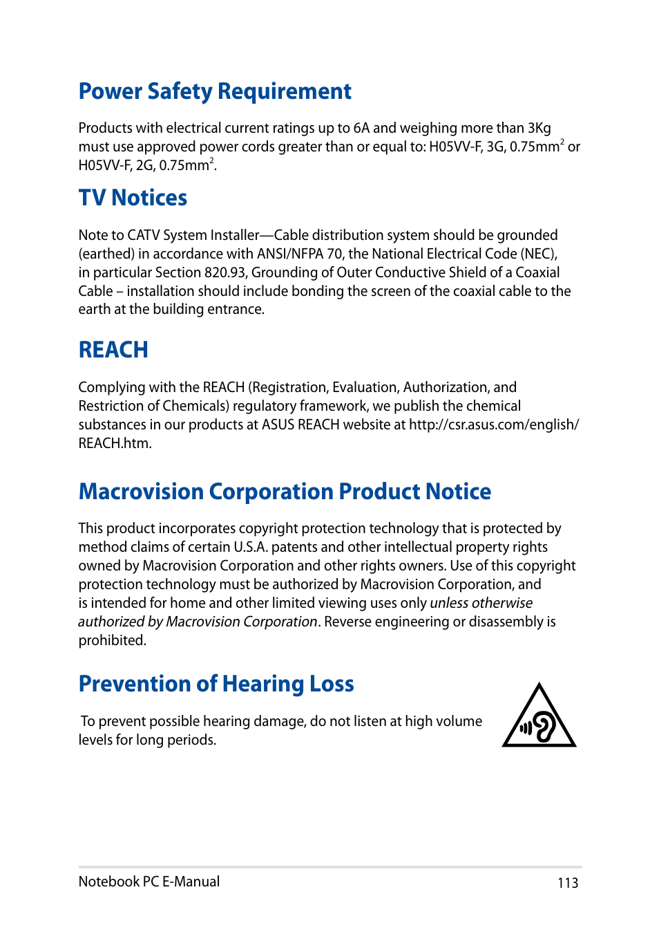 Power safety requirement, Tv notices, Reach | Macrovision corporation product notice, Prevention of hearing loss | Asus X200MA User Manual | Page 113 / 120
