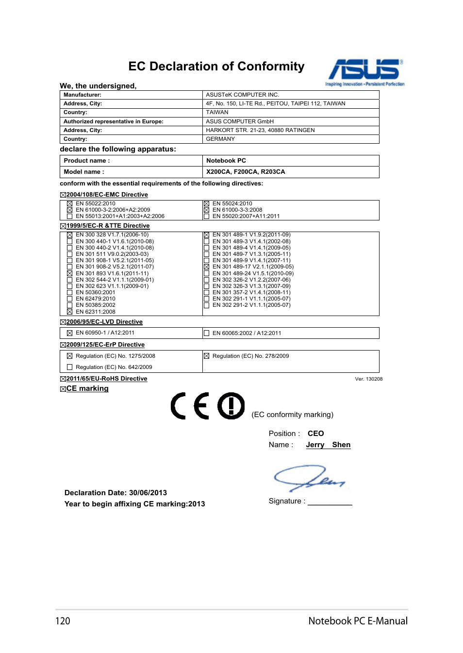 Ec declaration of conformity | Asus X200MA User Manual | Page 120 / 120