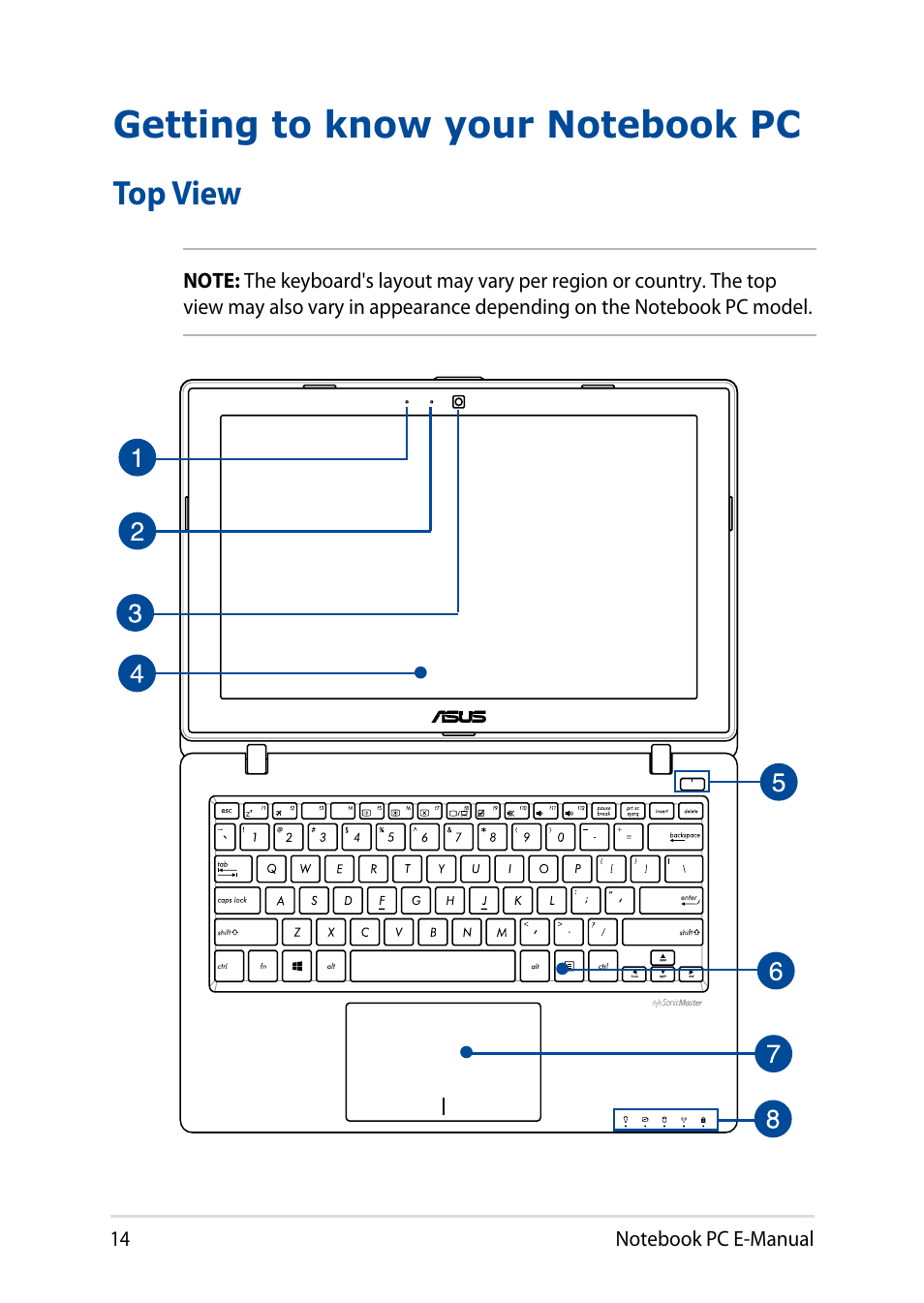 Getting to know your notebook pc, Top view | Asus X200MA User Manual | Page 14 / 120