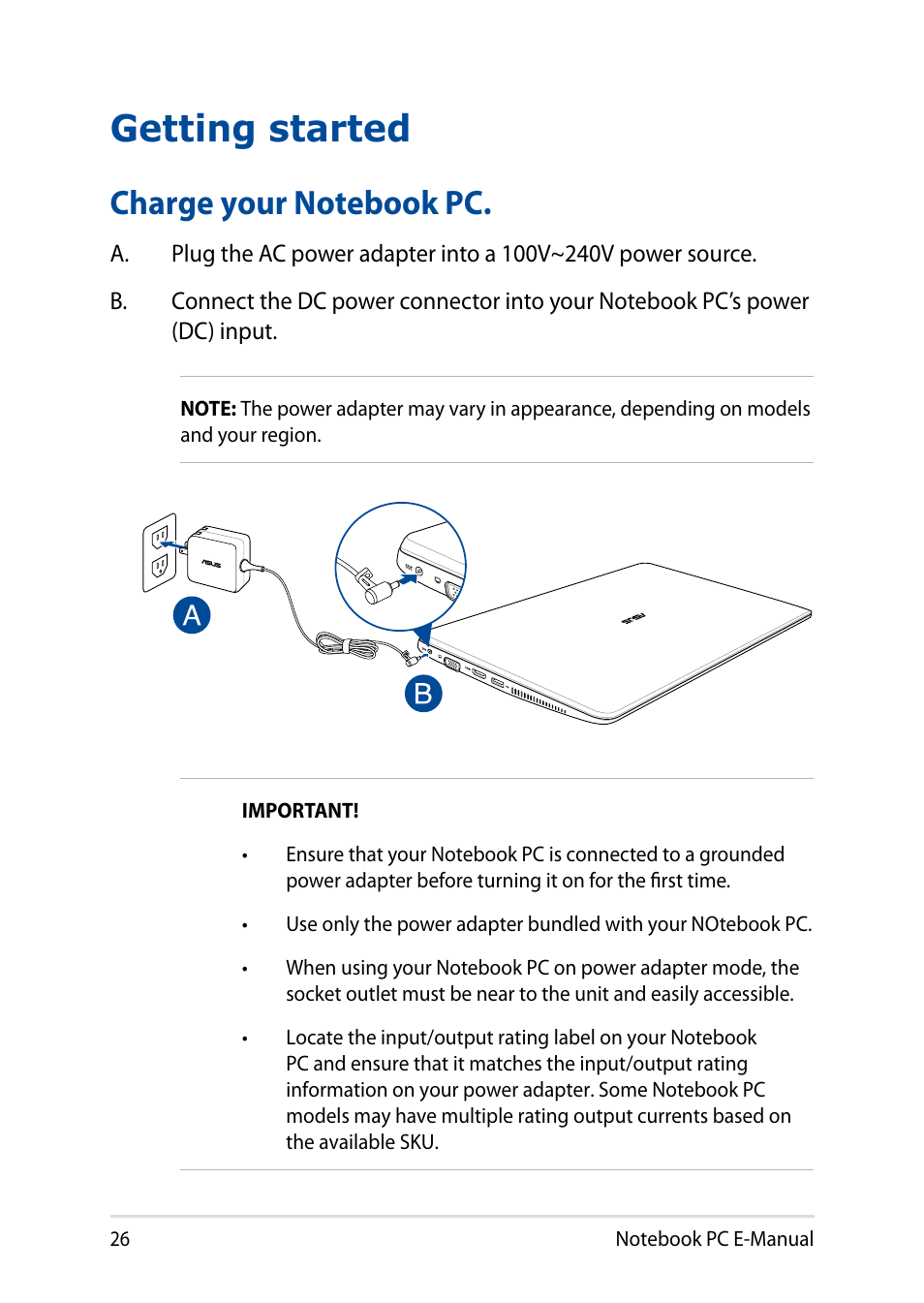 Getting started, Charge your notebook pc | Asus X200MA User Manual | Page 26 / 120