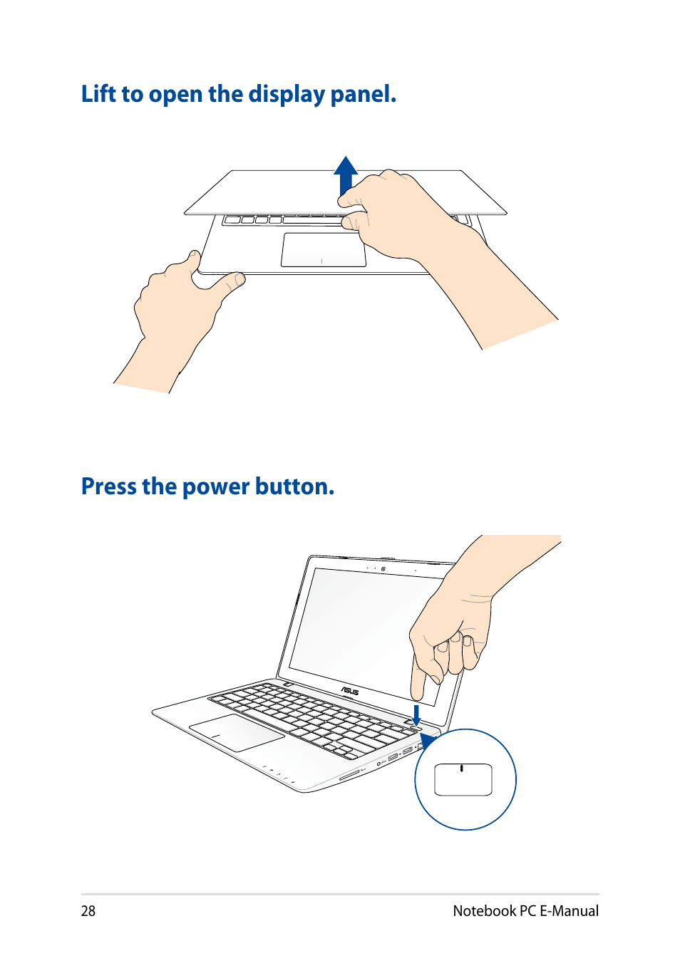 Lift to open the display panel, Press the power button | Asus X200MA User Manual | Page 28 / 120