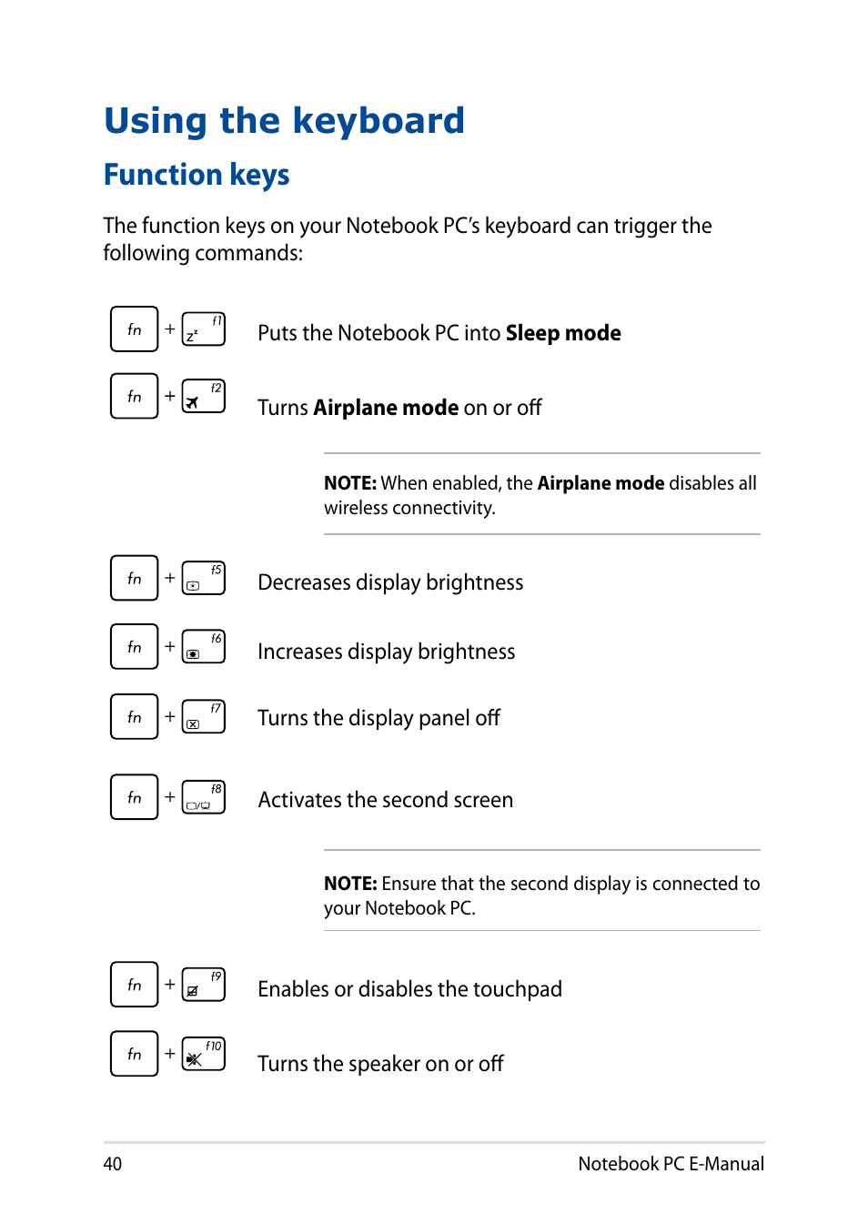 Using the keyboard, Function keys | Asus X200MA User Manual | Page 40 / 120