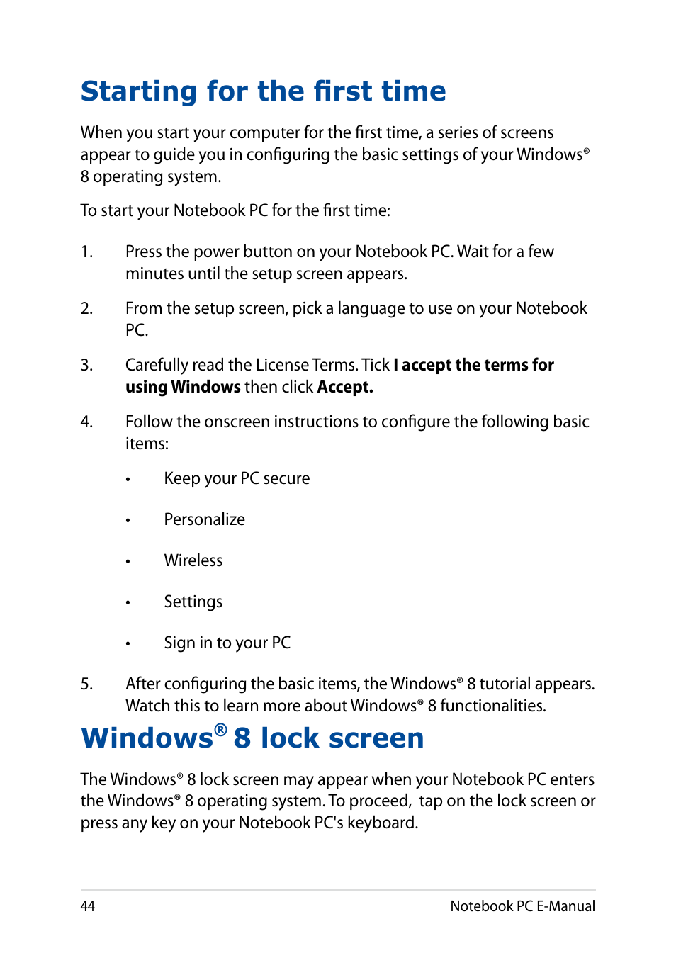 Starting for the first time, Windows® 8 lock screen, Starting for the first time windows | 8 lock screen, Windows | Asus X200MA User Manual | Page 44 / 120