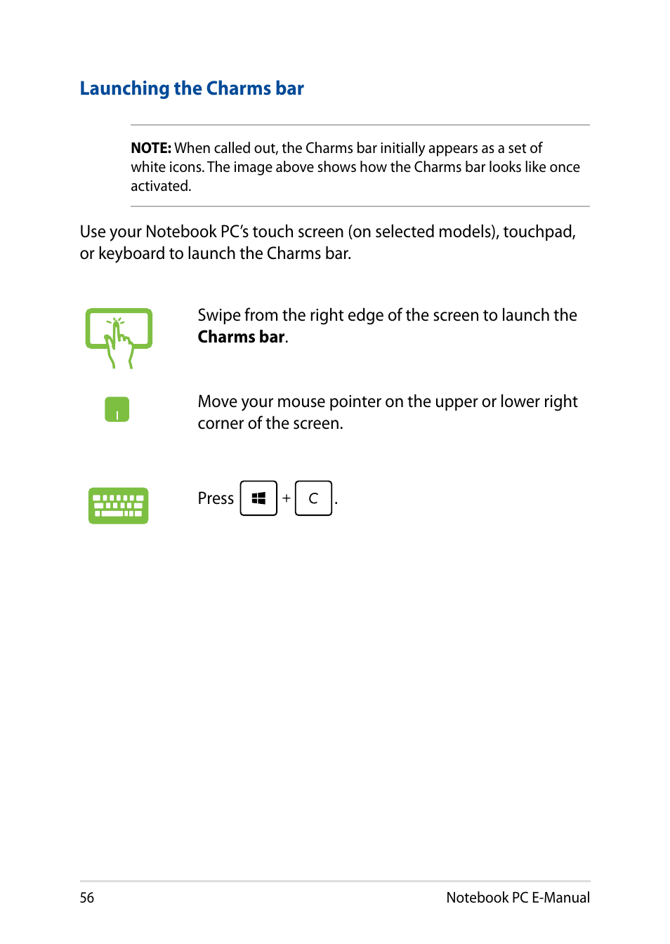 Launching the charms bar | Asus X200MA User Manual | Page 56 / 120