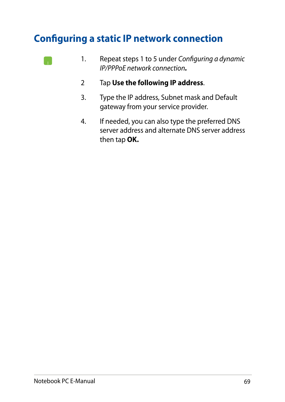 Configuring a static ip network connection | Asus X200MA User Manual | Page 69 / 120