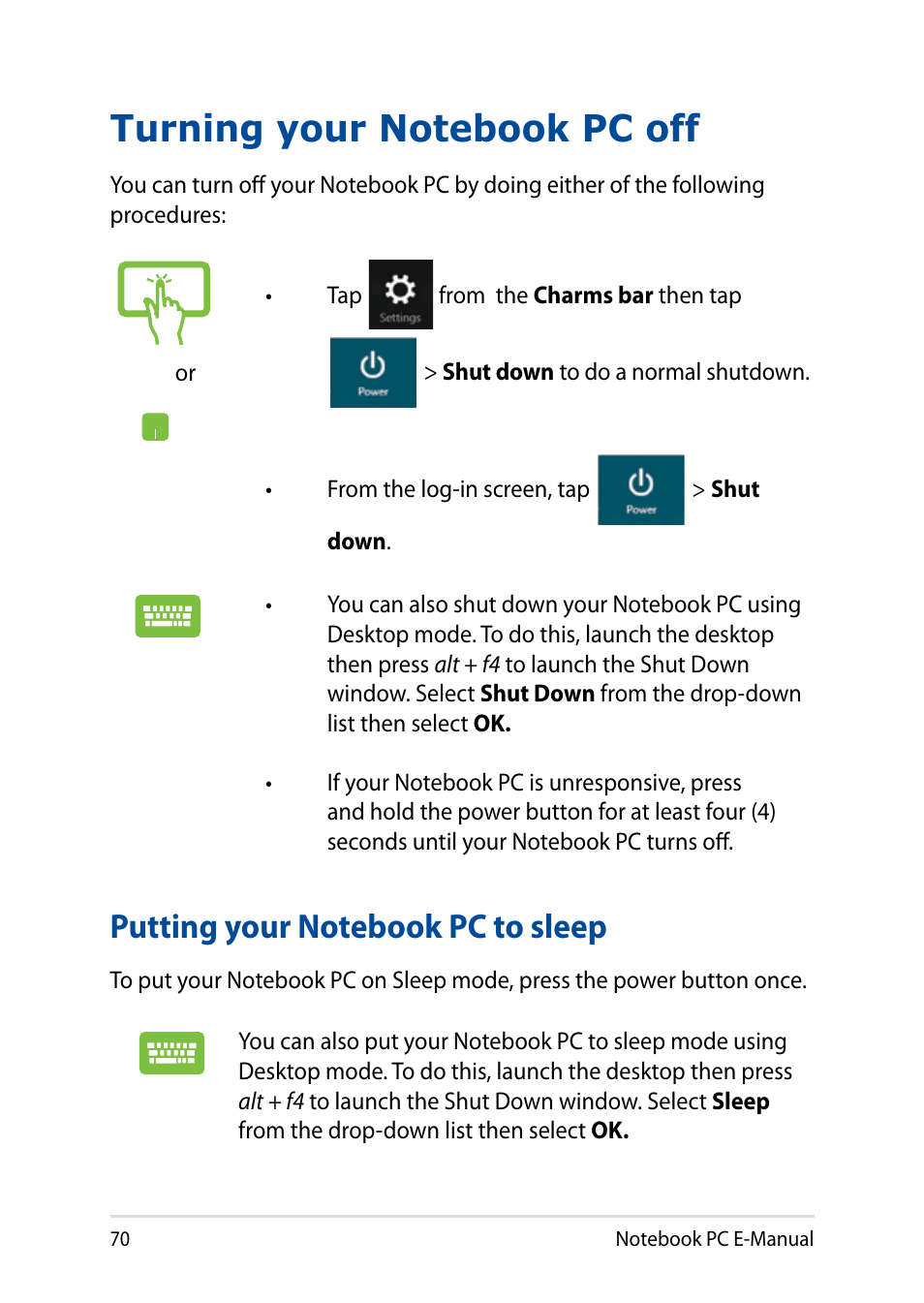 Turning your notebook pc off, Putting your notebook pc to sleep | Asus X200MA User Manual | Page 70 / 120