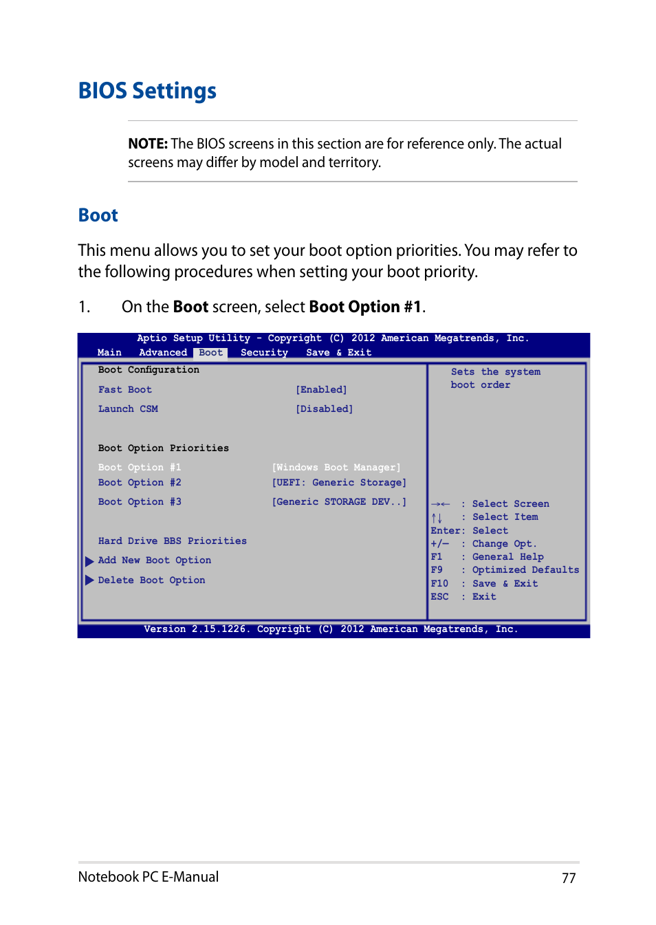 Bios settings, Boot | Asus X200MA User Manual | Page 77 / 120