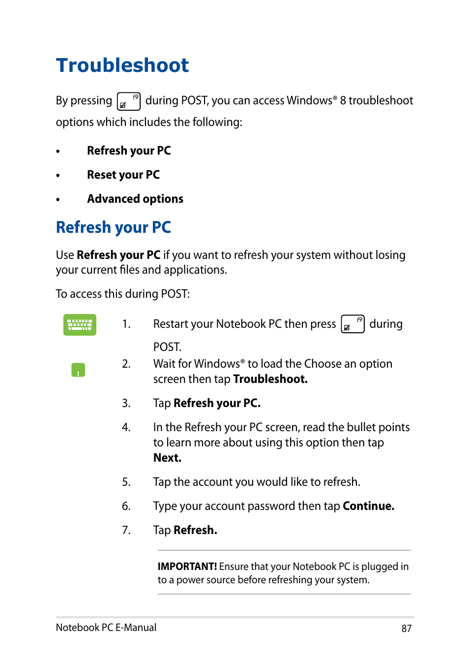 Troubleshoot, Refresh your pc | Asus X200MA User Manual | Page 87 / 120