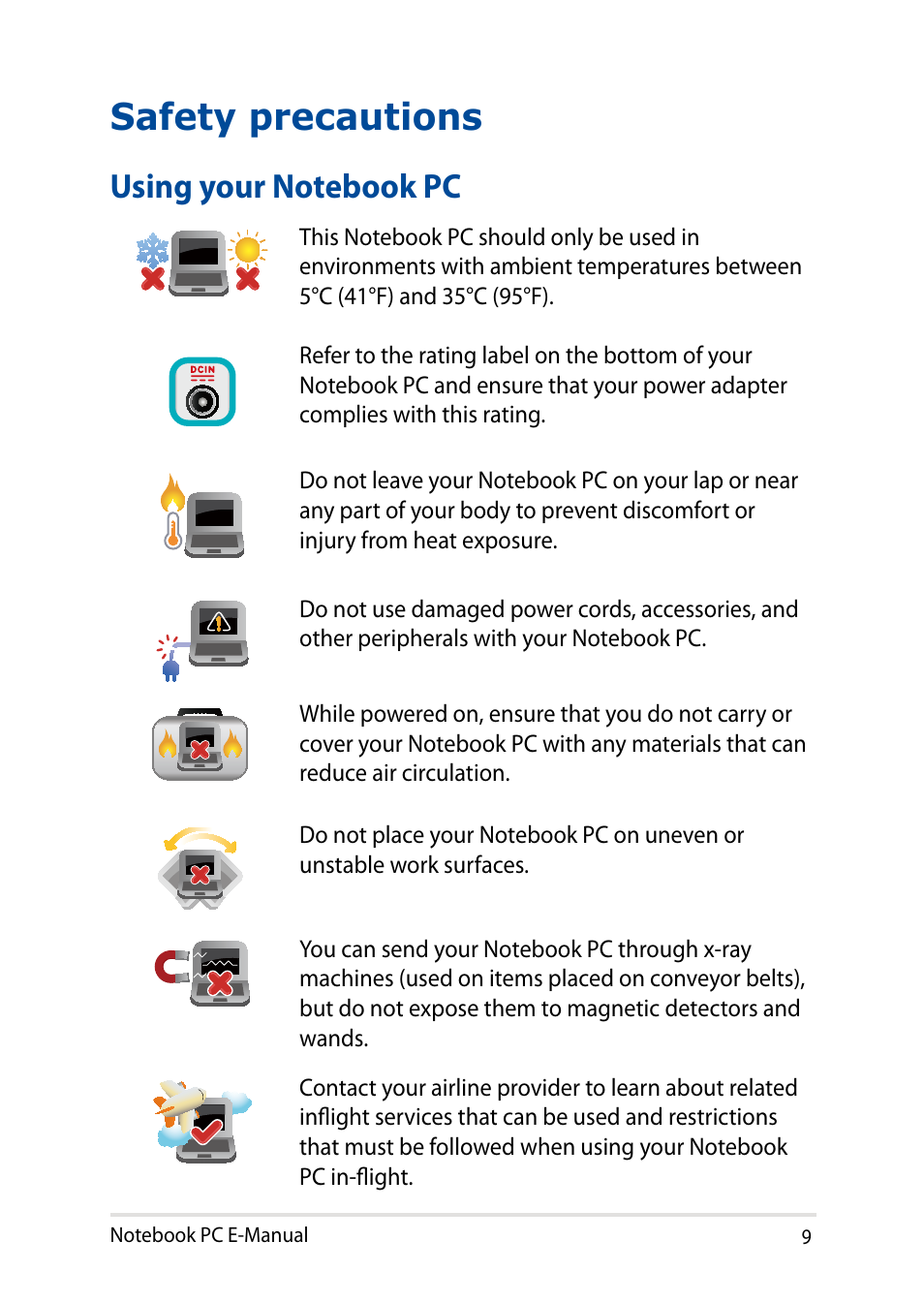 Safety precautions, Using your notebook pc | Asus X200MA User Manual | Page 9 / 120