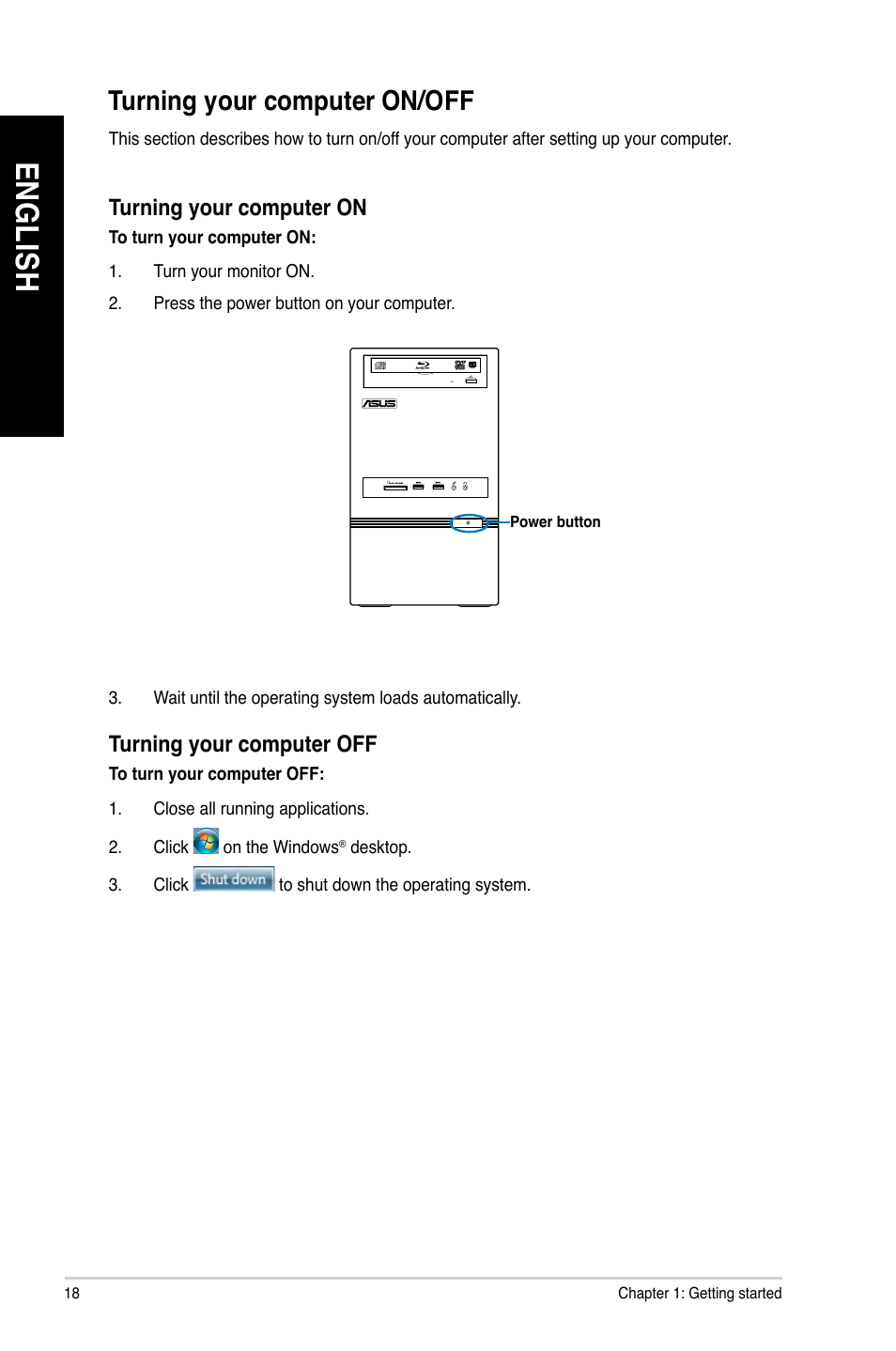 Turning your computer on/off, En gl is h en gl is h | Asus K5130 User Manual | Page 18 / 64