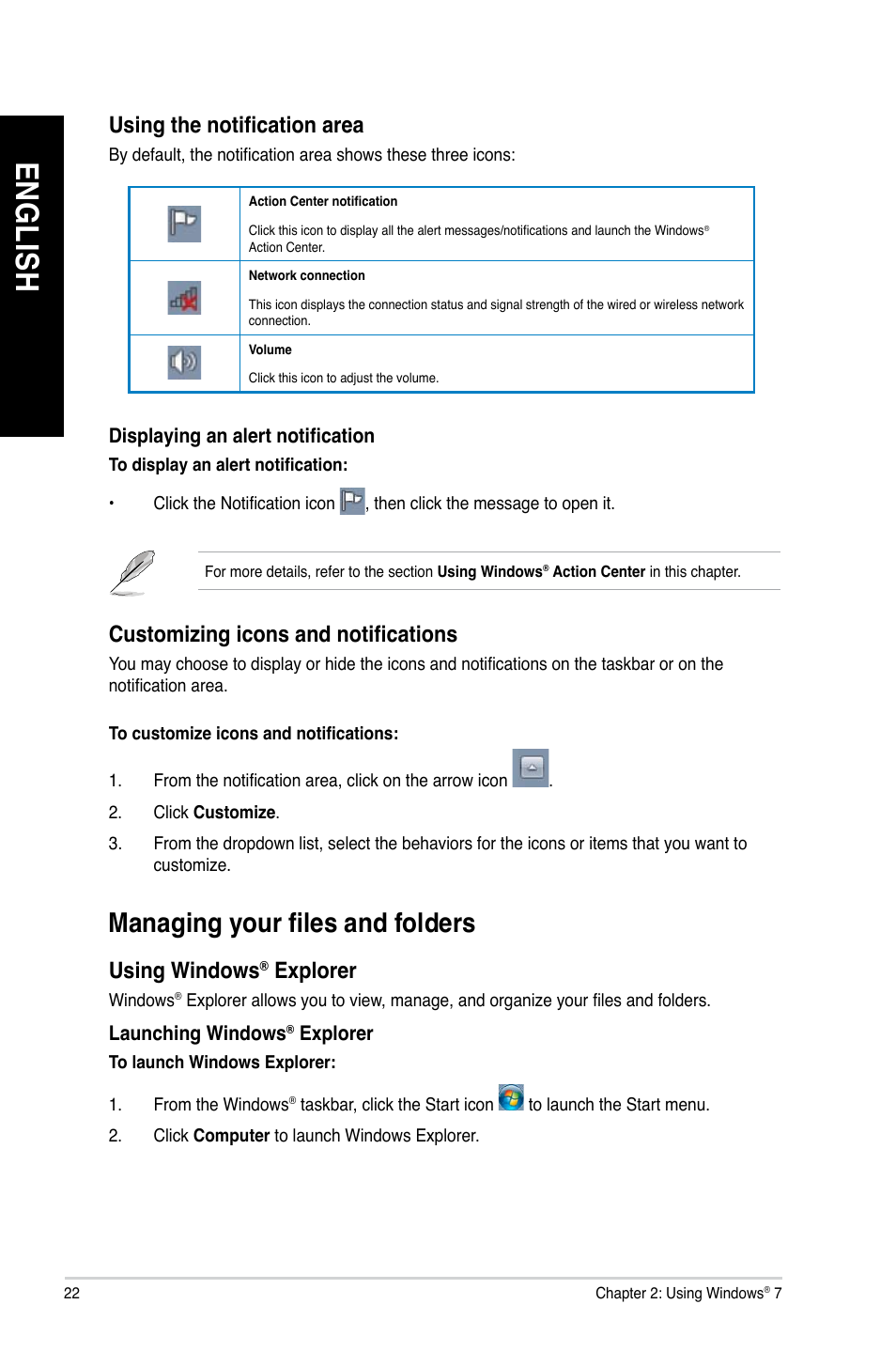 Managing your files and folders, En gl is h en gl is h en gl is h en gl is h | Asus K5130 User Manual | Page 22 / 64