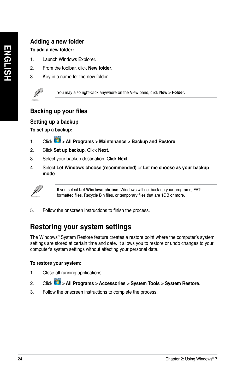 Restoring your system settings, En gl is h en gl is h en gl is h en gl is h, Protecting your computer | Asus K5130 User Manual | Page 24 / 64