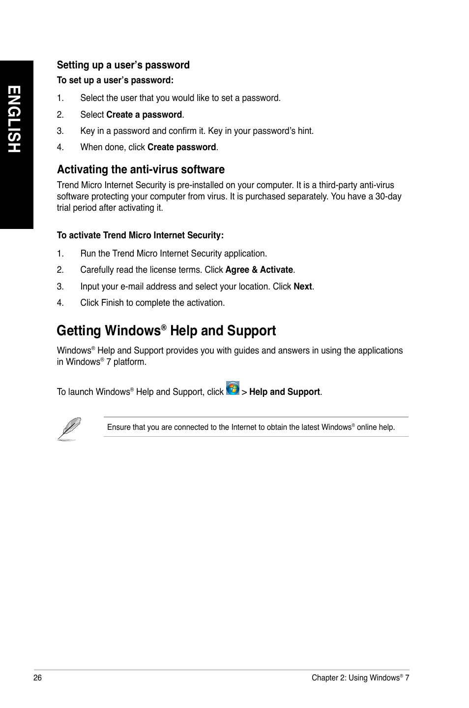 Getting windows® help and support, Getting windows, En gl is h en gl is h | Help and support | Asus K5130 User Manual | Page 26 / 64