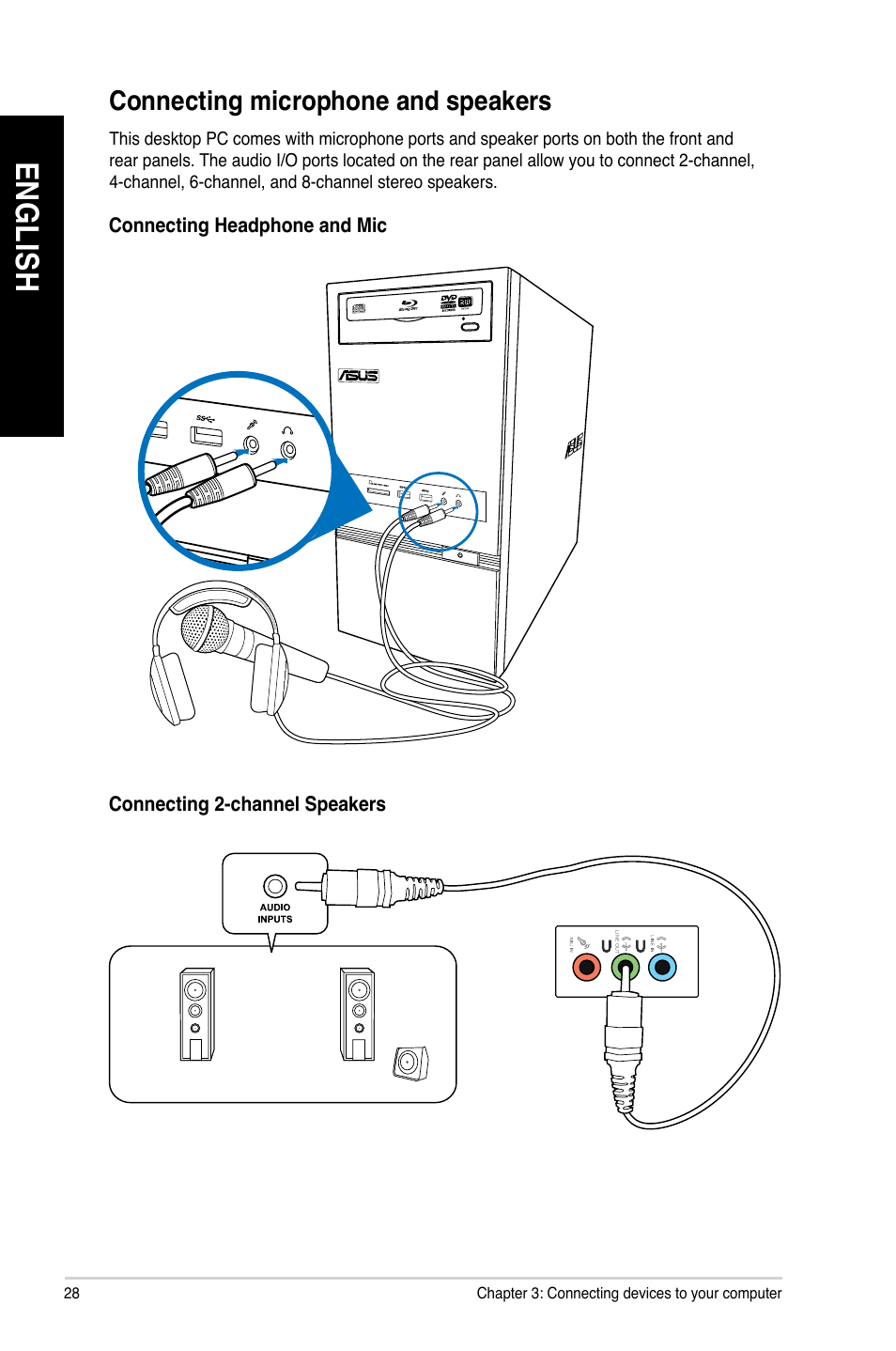 Connecting microphone and speakers, En gl is h en gl is h en gl is h en gl is h | Asus K5130 User Manual | Page 28 / 64