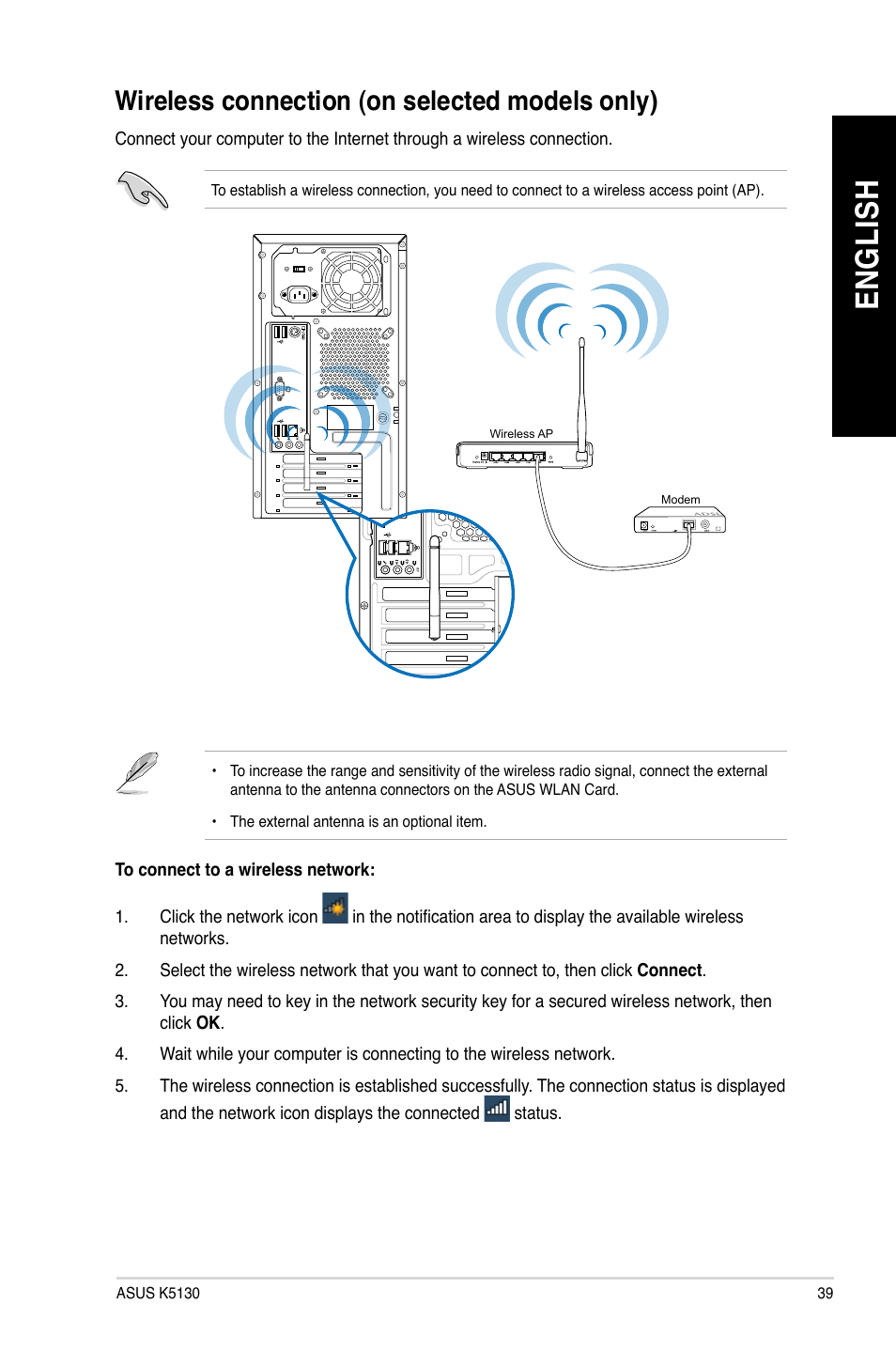 Wireless connection (on selected models only), En gl is h en gl is h | Asus K5130 User Manual | Page 39 / 64