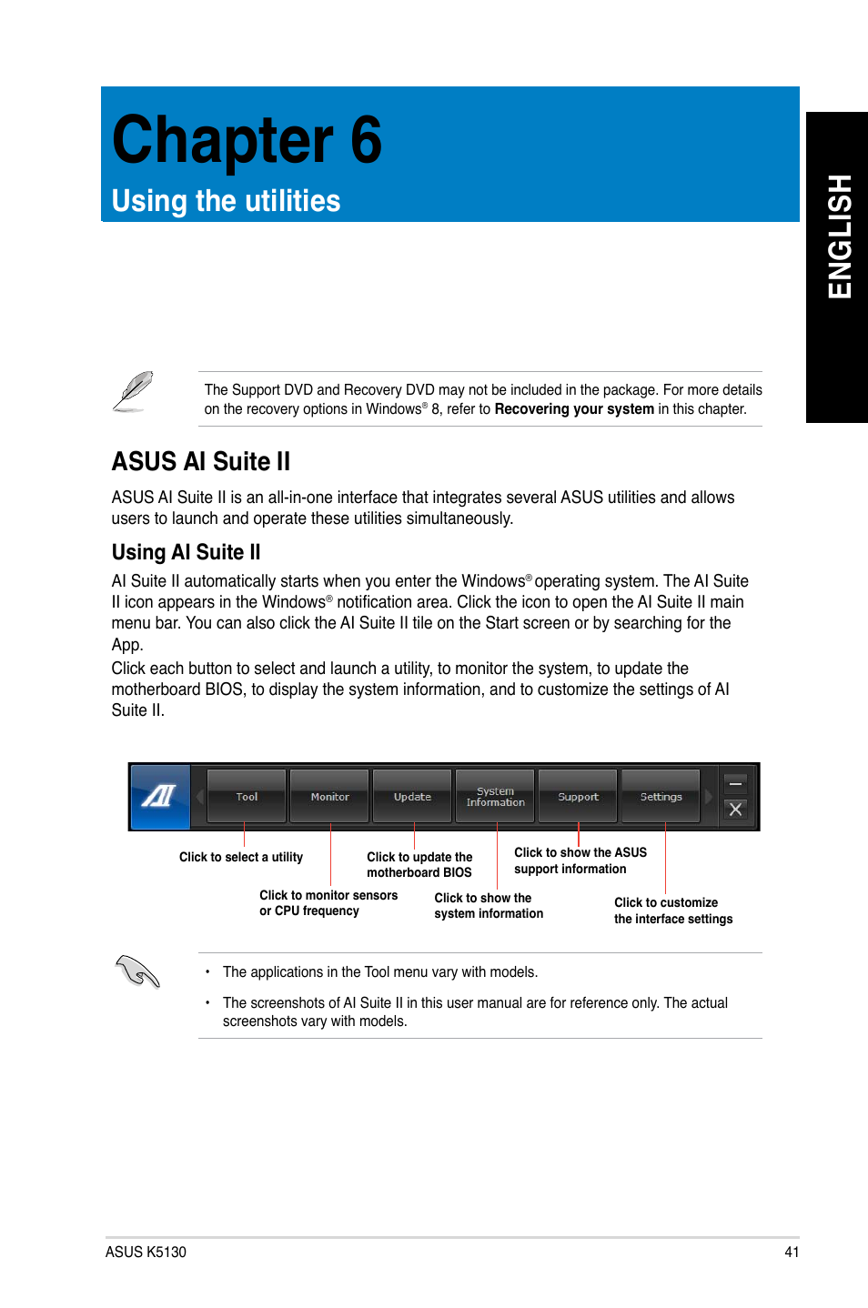 Chapter 6, Using the utilities, Asus ai suite ii | En gl is h en gl is h | Asus K5130 User Manual | Page 41 / 64