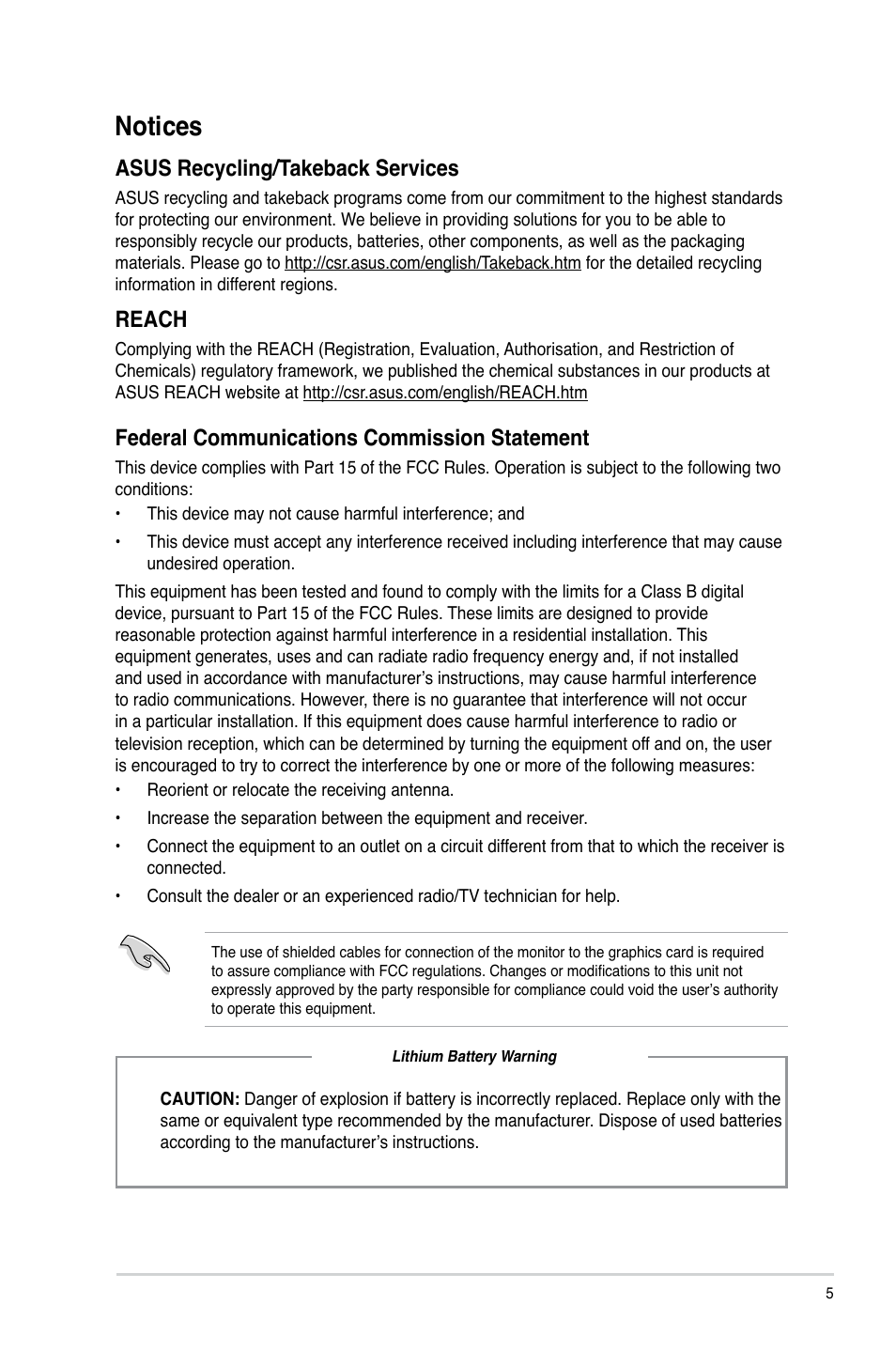 Notices, Asus recycling/takeback services, Reach | Federal communications commission statement | Asus K5130 User Manual | Page 5 / 64