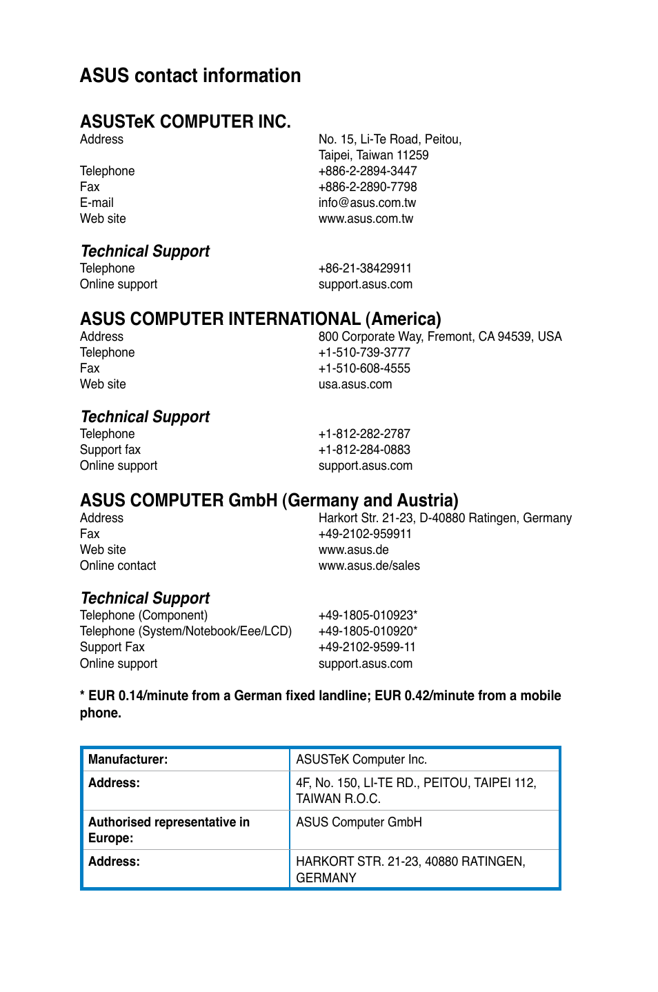 Asus contact information, Asustek computer inc, Asus computer international (america) | Asus computer gmbh (germany and austria), Technical support | Asus K5130 User Manual | Page 64 / 64