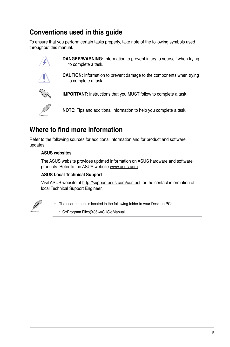 Conventions used in this guide, Where to find more information | Asus K5130 User Manual | Page 9 / 64