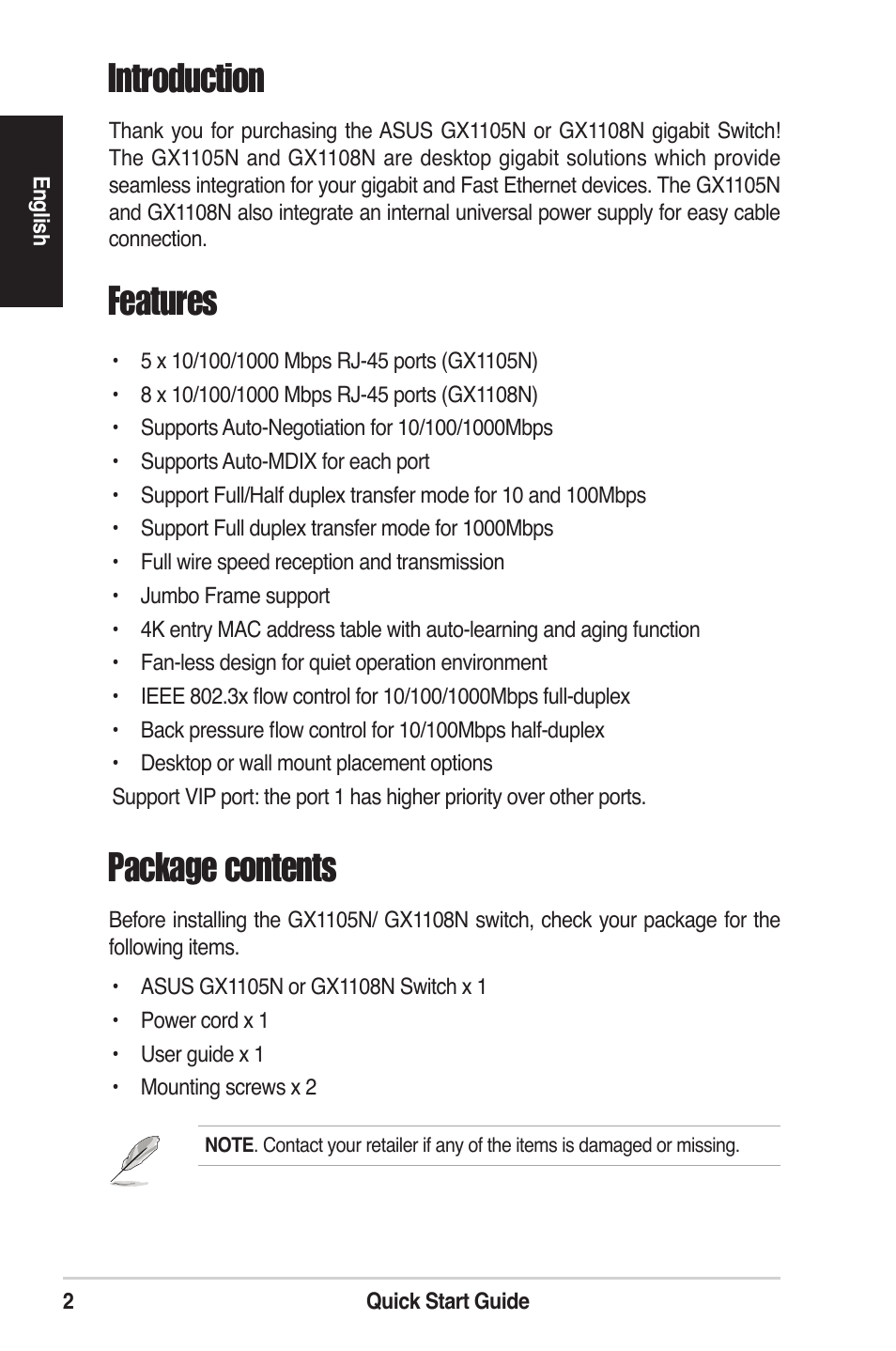 Introduction, Features, Package contents | Asus GigaX1108N User Manual | Page 2 / 8
