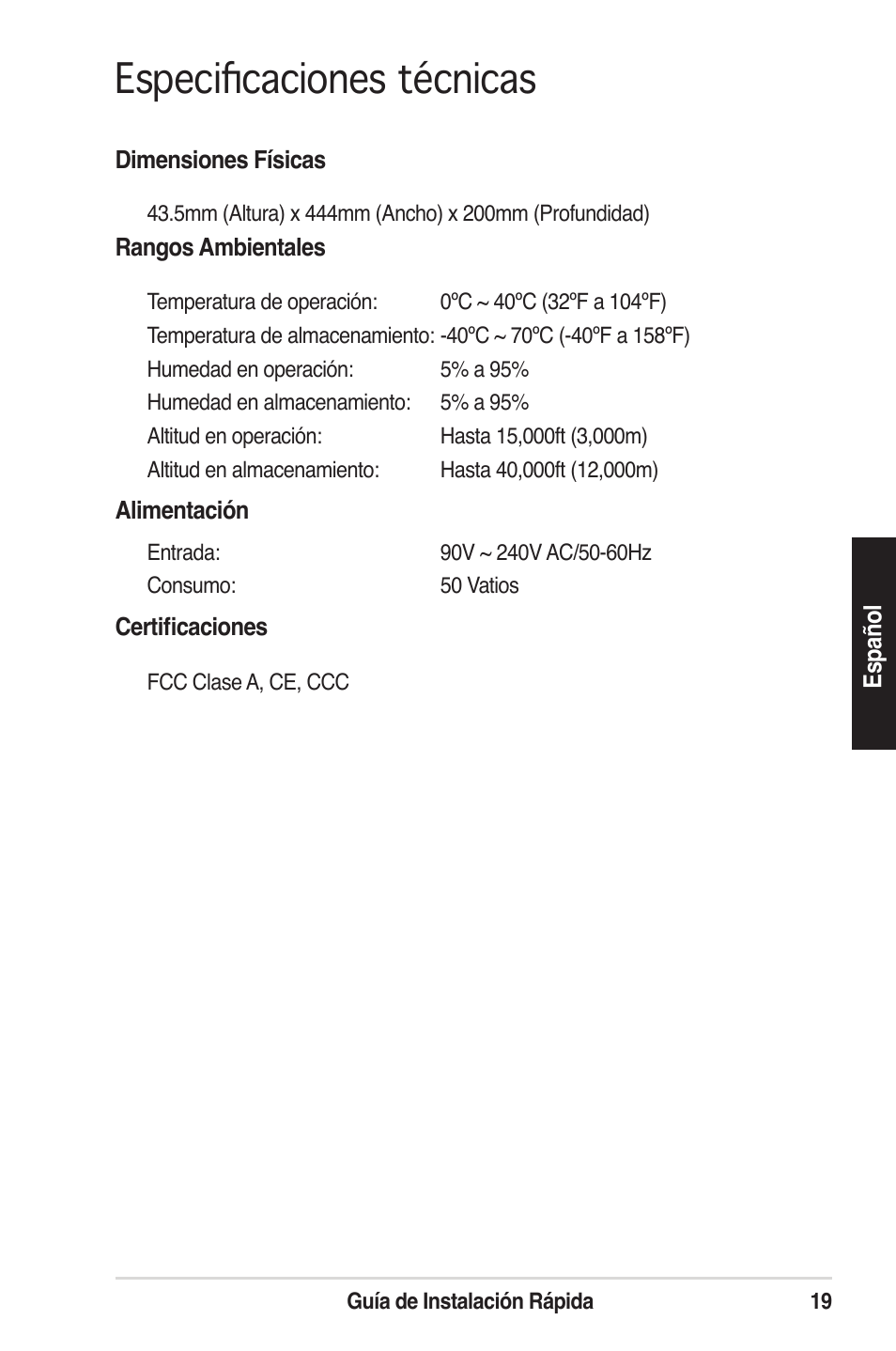Especificaciones técnicas | Asus GigaX1124B User Manual | Page 20 / 97