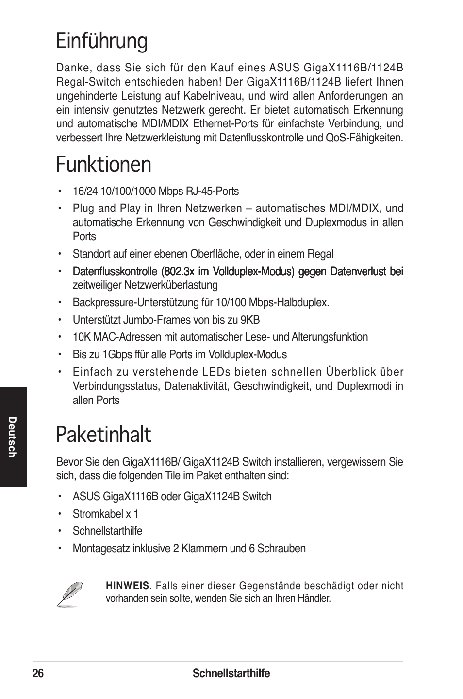 Einführung, Funktionen, Paketinhalt | Asus GigaX1124B User Manual | Page 27 / 97