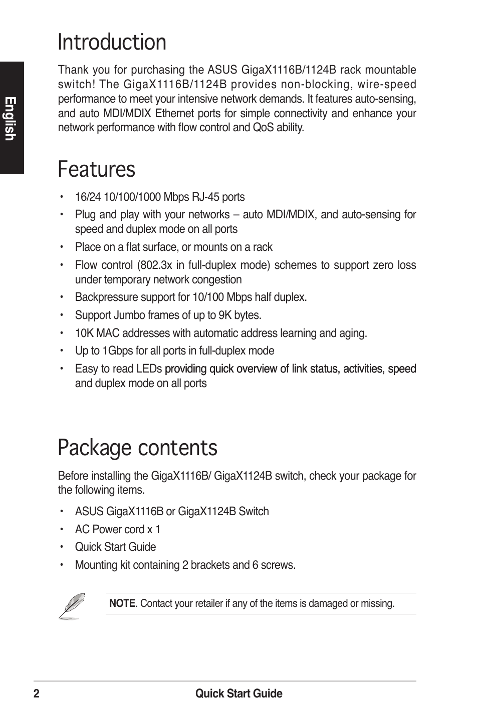 Introduction, Features, Package contents | Asus GigaX1124B User Manual | Page 3 / 97