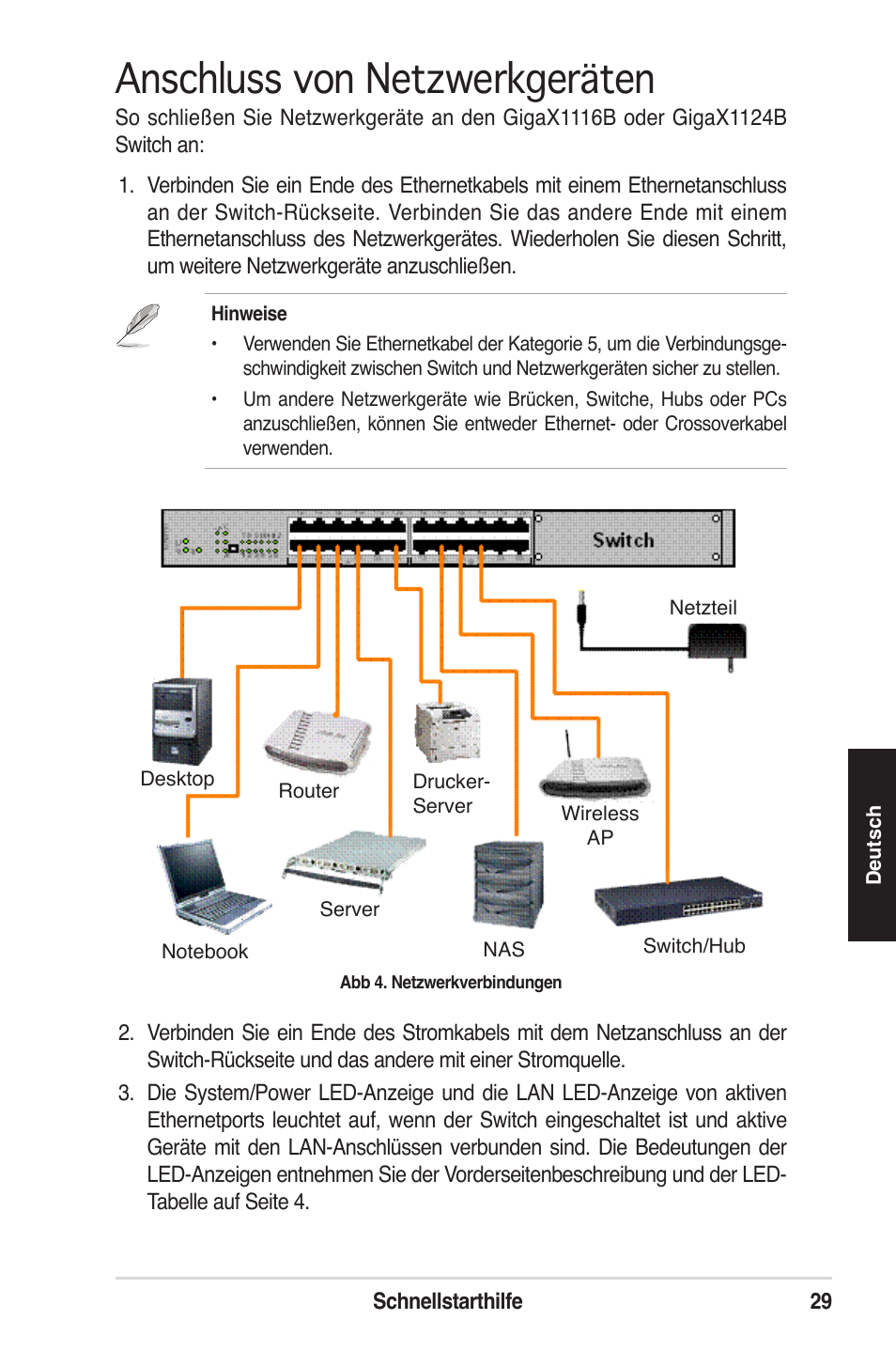 Anschluss von netzwerkgeräten | Asus GigaX1124B User Manual | Page 30 / 97