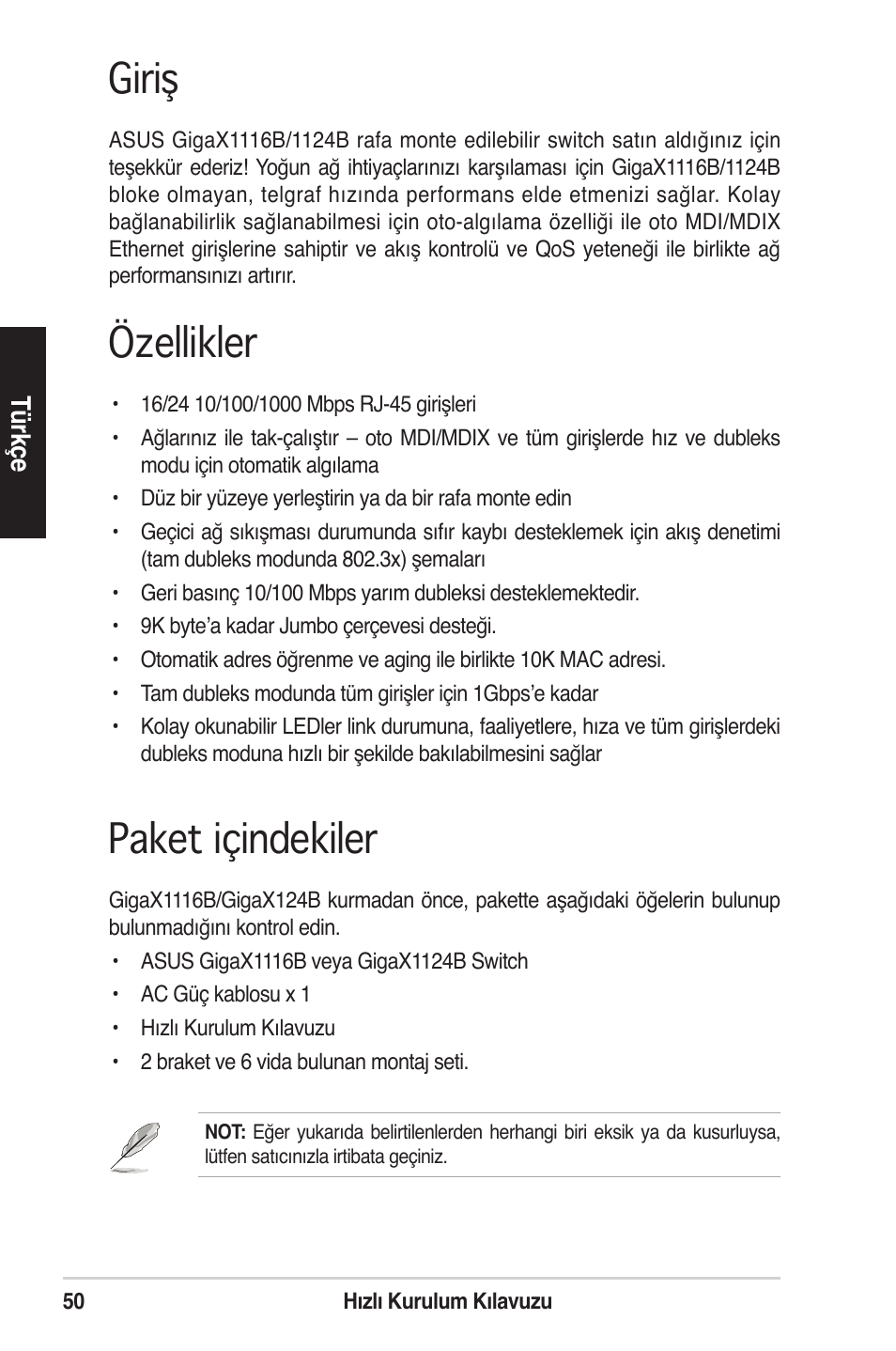 Giriş, Özellikler, Paket içindekiler | Asus GigaX1124B User Manual | Page 51 / 97