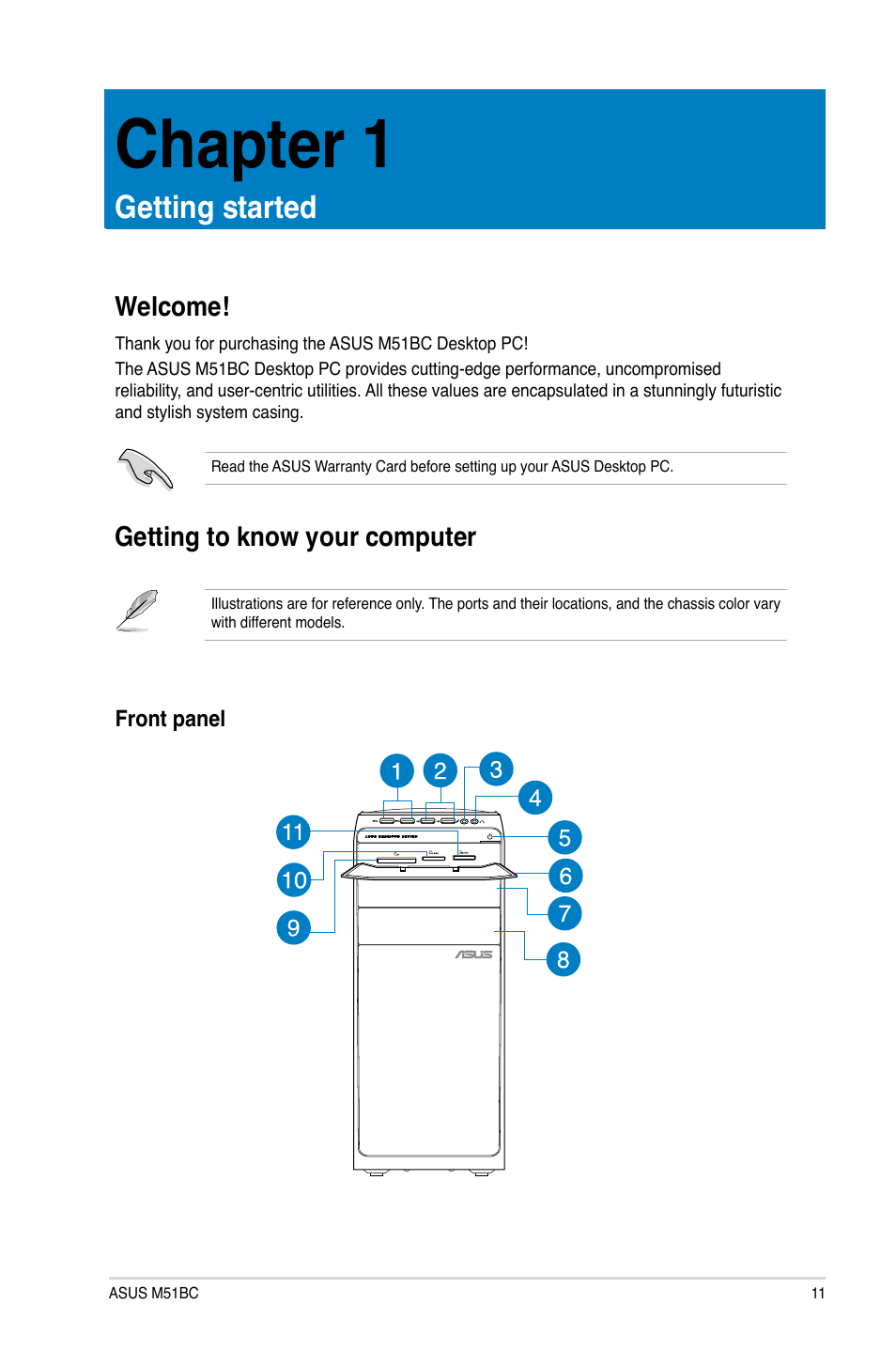 Chapter 1: getting started, Welcome, Getting to know your computer | Getting started, Welcome! getting to know your computer, Chapter 1 | Asus M51AC User Manual | Page 11 / 87