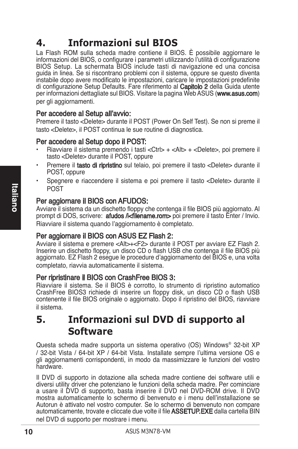 Informazioni sul bios, Informazioni sul dvd di supporto al software | Asus M3N78-VM User Manual | Page 10 / 38