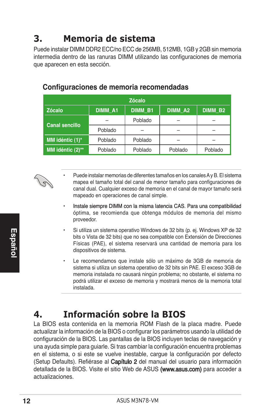 Información sobre la bios, Español | Asus M3N78-VM User Manual | Page 12 / 38