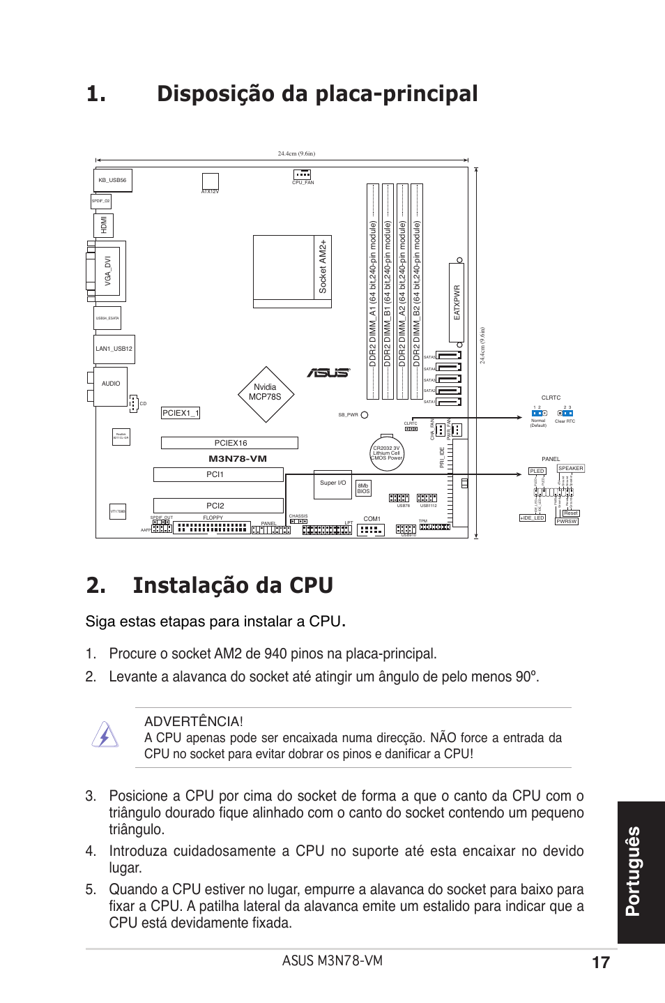 Disposição da placa-principal 2. instalação da cpu, Português, Siga estas etapas para instalar a cpu | Asus m3n78-vm | Asus M3N78-VM User Manual | Page 17 / 38