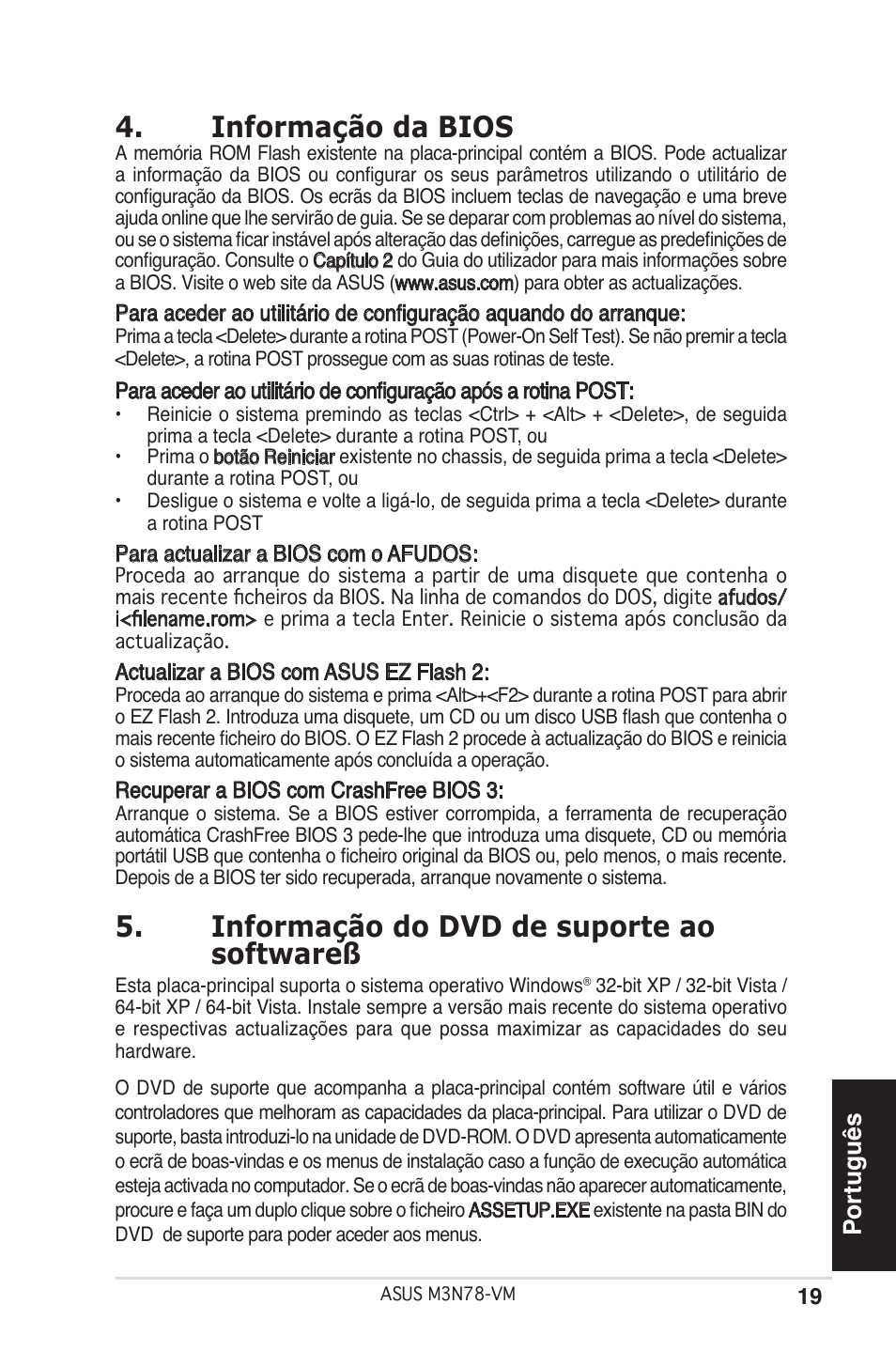 Informação da bios, Informação do dvd de suporte ao softwareß, Português | Asus M3N78-VM User Manual | Page 19 / 38