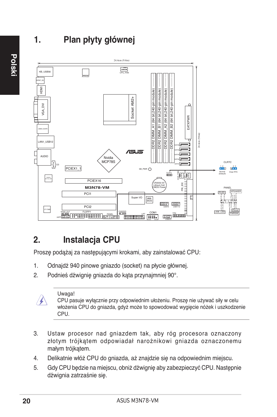 Instalacja cpu, Plan płyty głównej, Polski | Asus m3n78-vm | Asus M3N78-VM User Manual | Page 20 / 38